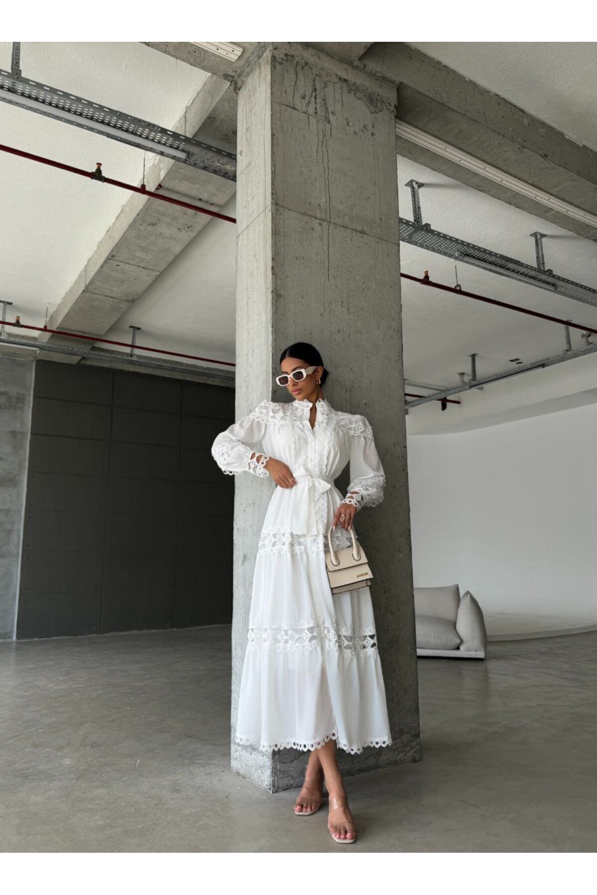 NEW JOURNAL Women's White Soft Textured Crepe Fabric Lined Lace Detailed Long Dress Njjennyelb2