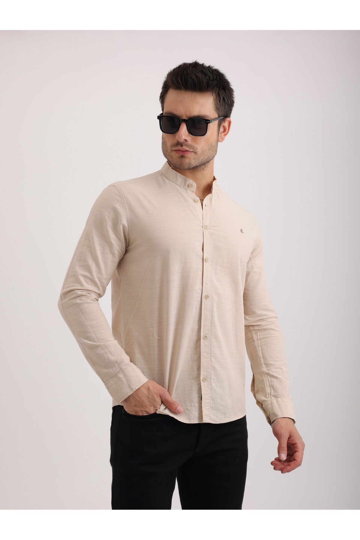 Sabe Erkek Slim Fit Hakim Yaka Bej Şık ve Rahat Keten Gömlek