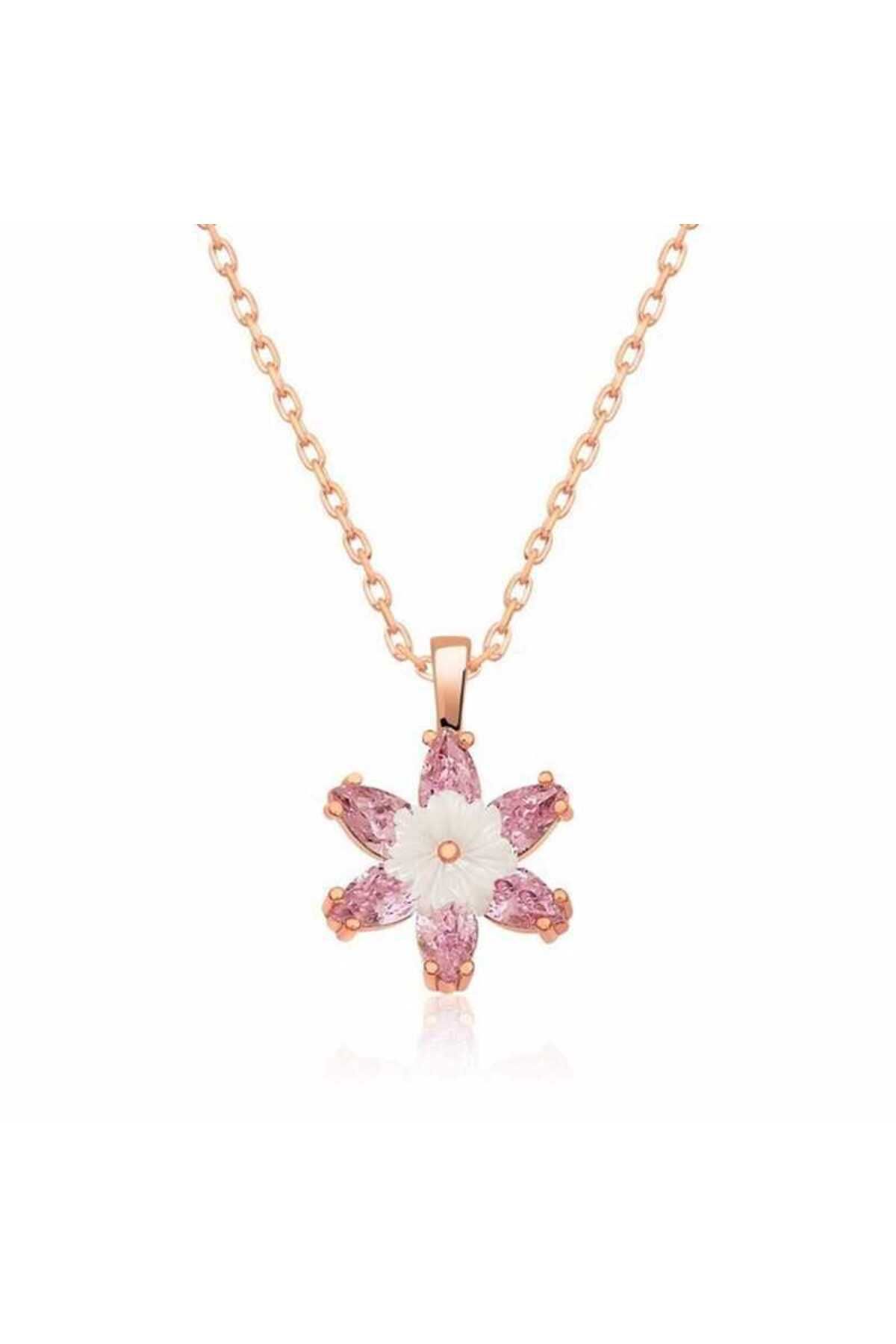 ecepazarlama Gümüş Rose Pembe Lotus Çiçeği Kolye