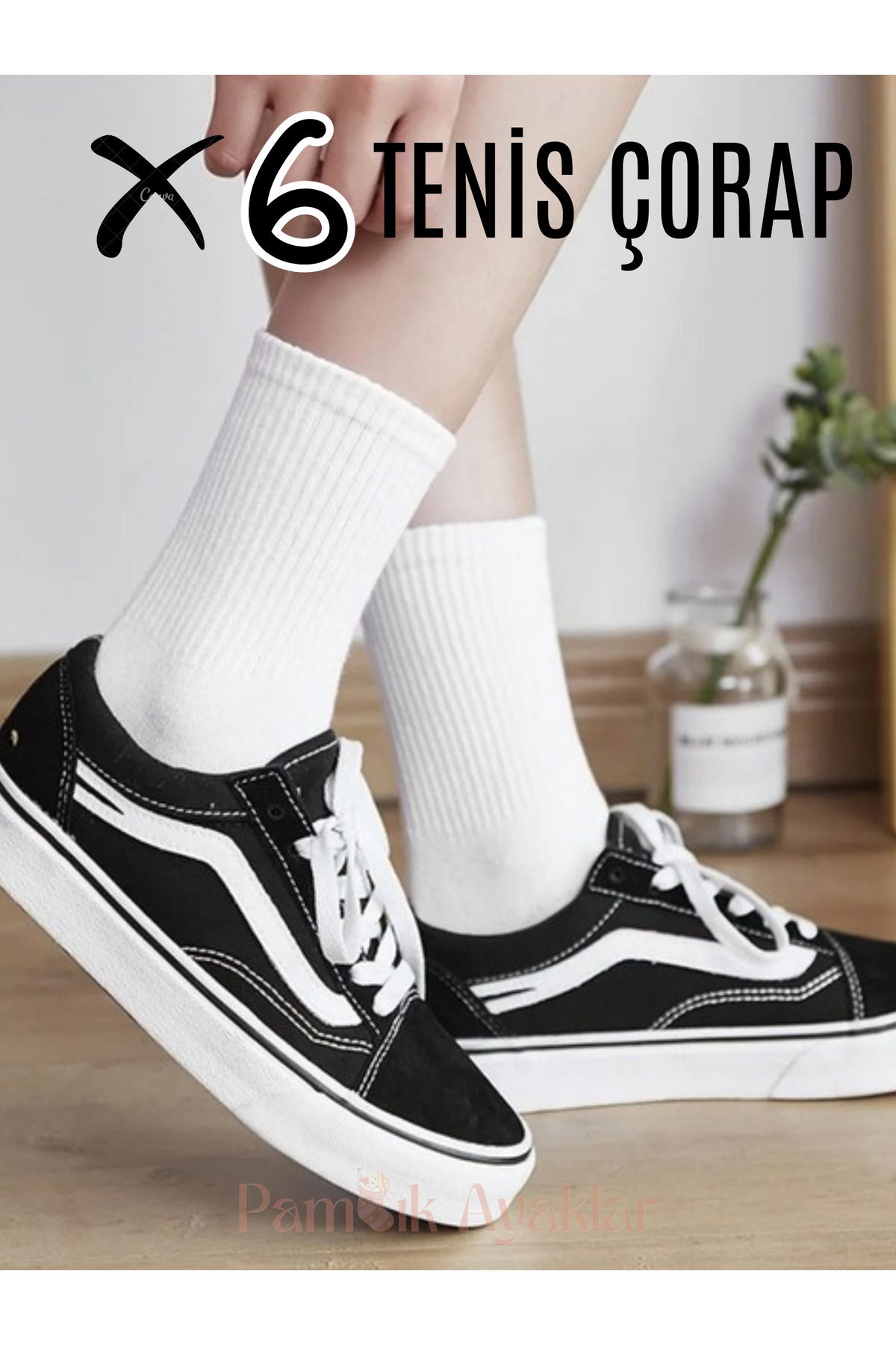 PAMBIK AYAKLAR 6 Çift Tenis Çorabı Beyaz Fitilli Spor Çorap - Unısex Premium