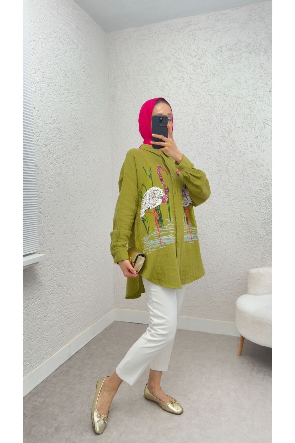 ALLMİRA FASHION Payet Nakış İşlemeli Oversize Keten Düğmeli Gömlek
