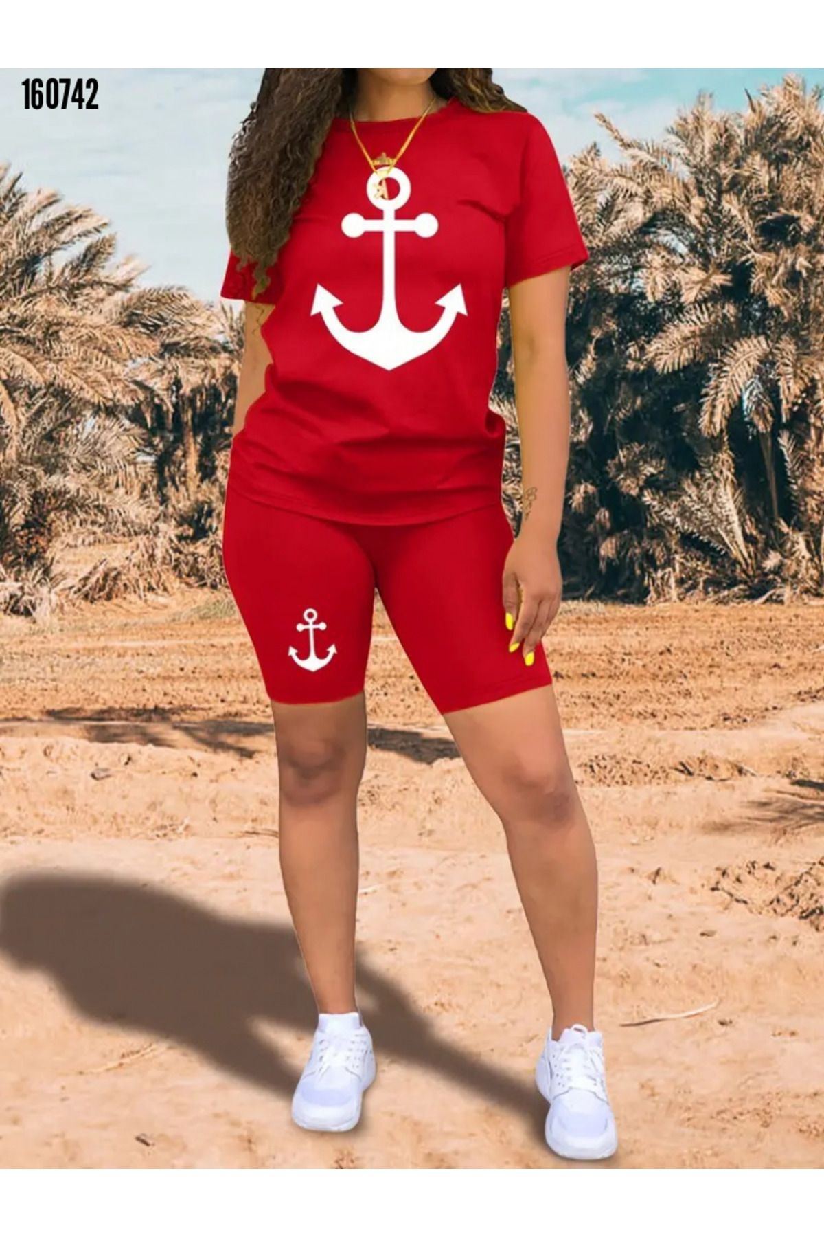 Kokosh moda Kadın Çapa Baskılı Kısa Kollu Şortlu Alt Üst İkili Takım