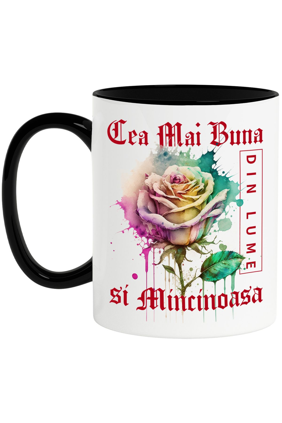 StoryGift Romania Cana Cu Textul Cea Mai Buna La Minciuni, Din Lume, Floare, Trandafir Colorat, Wa, Cu Maner Negru - One Size