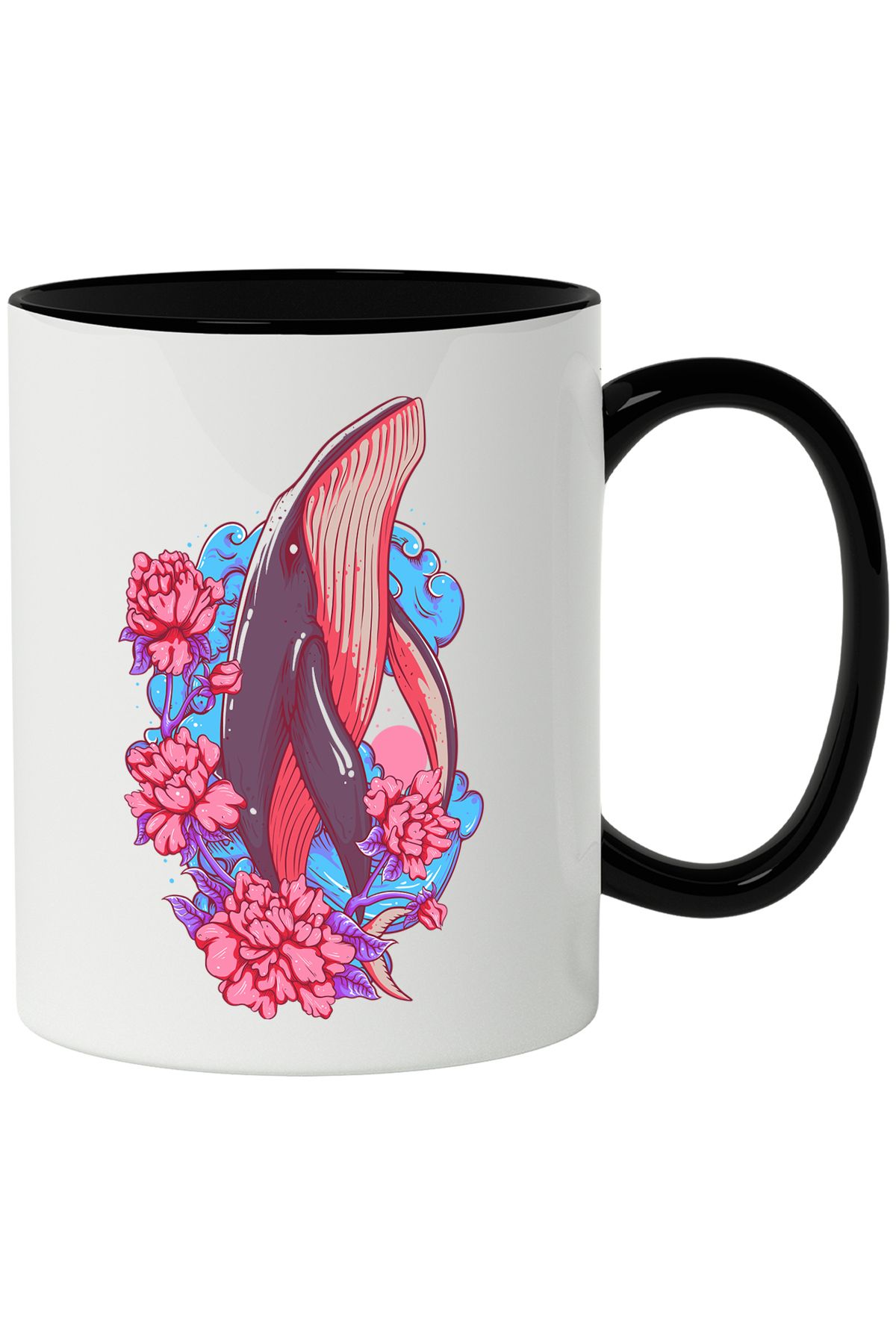 StoryGift Romania Cana Cu Balena, Flori, Val, Frunze, Multicolor 330 Ml, Ceramica Cu Maner Negru, Cu Maner Negru - One Size