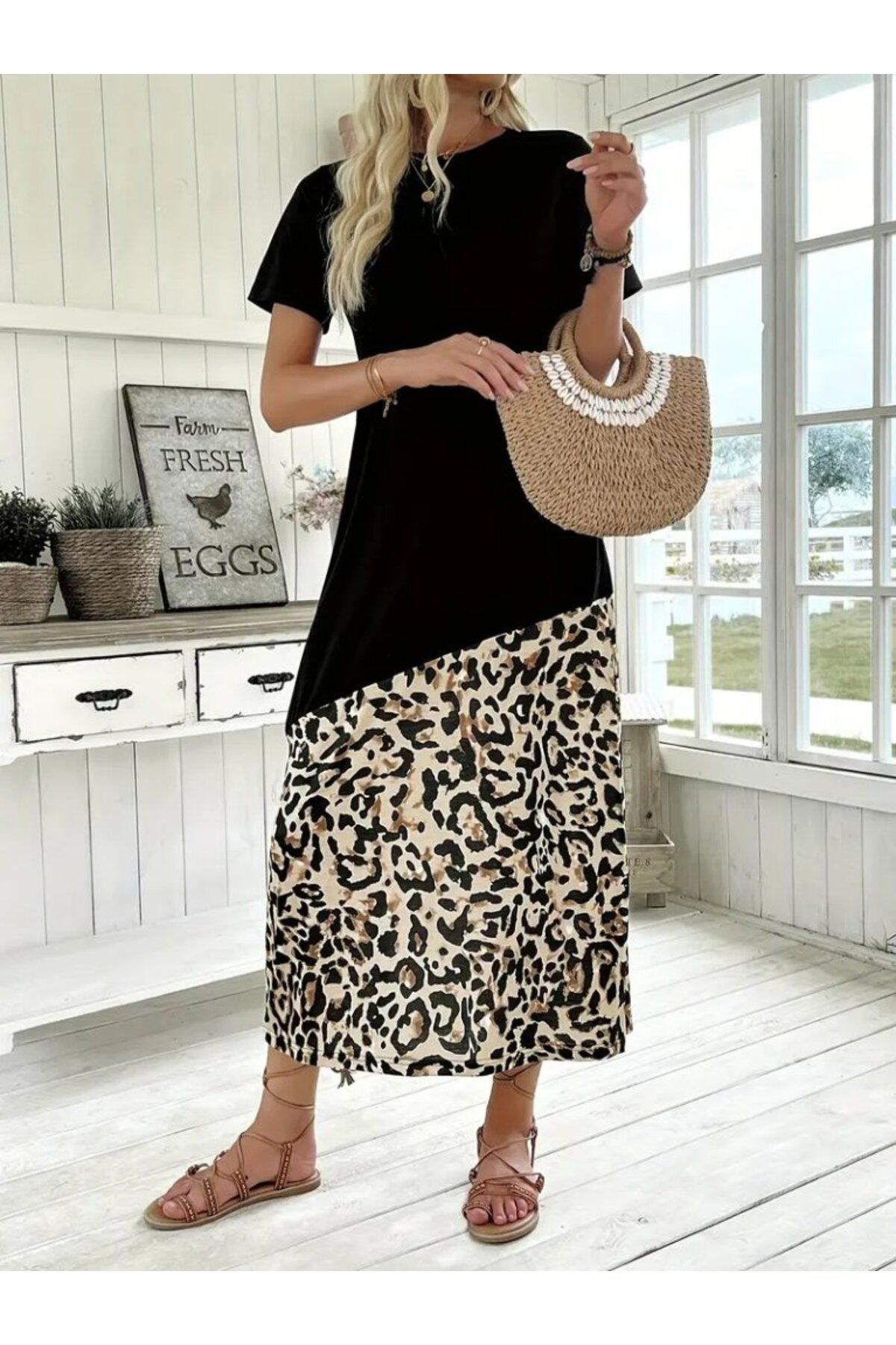 velmorafashion Kadın Kısa Kollu Bisiklet Yaka Leopar Detaylı Midi üst Viskon Alt Süprem Elbise