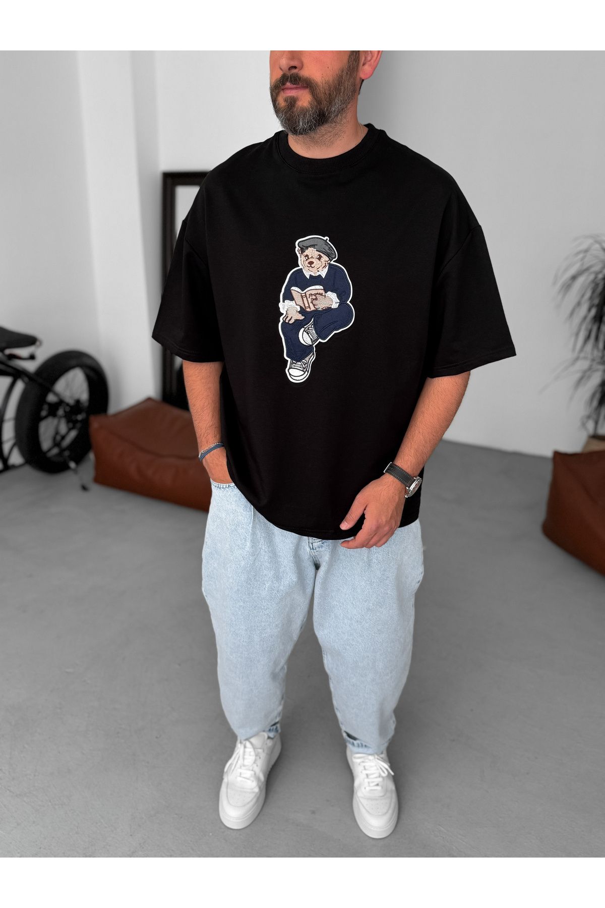 BYBASICMAN Siyah Ayı Patchli Oversize T-Shirt BY-067
