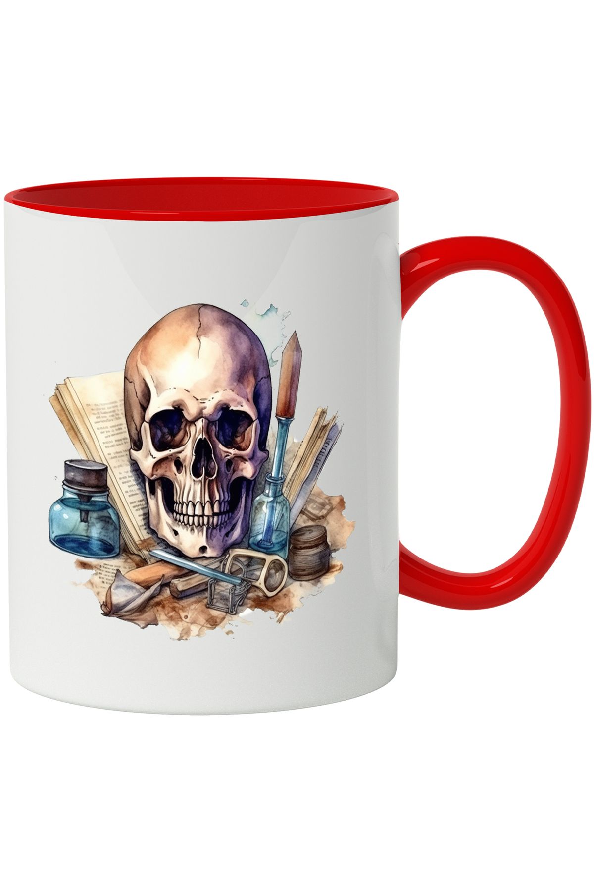 StoryGift Romania Cana Cu Craniu, Carte, Sticlute, Cerneala, Cristal, Medicina, Multicolor 330 Ml,, Cu Maner Rosu - One Size