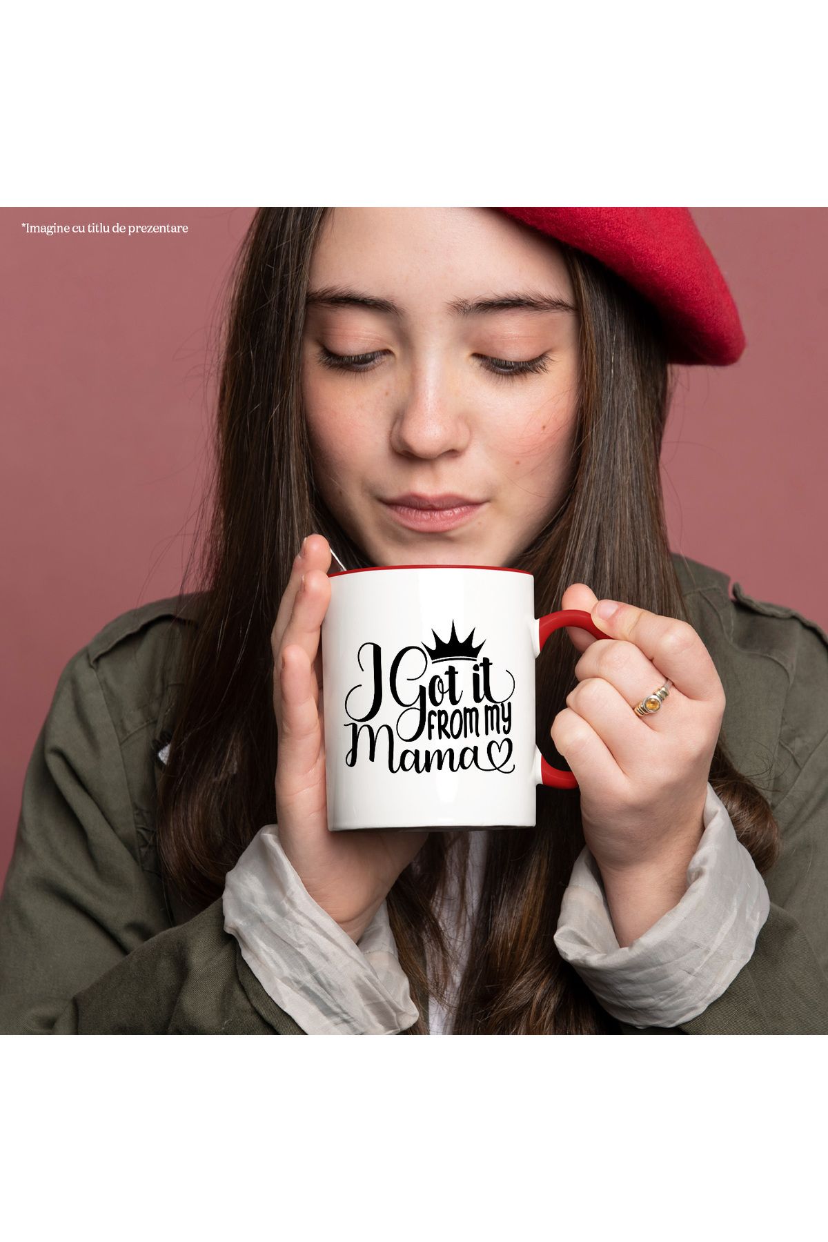 StoryGift Romania-Mug for those who are proud of the traits inherited from their mother with a message in, with a red handle 2
