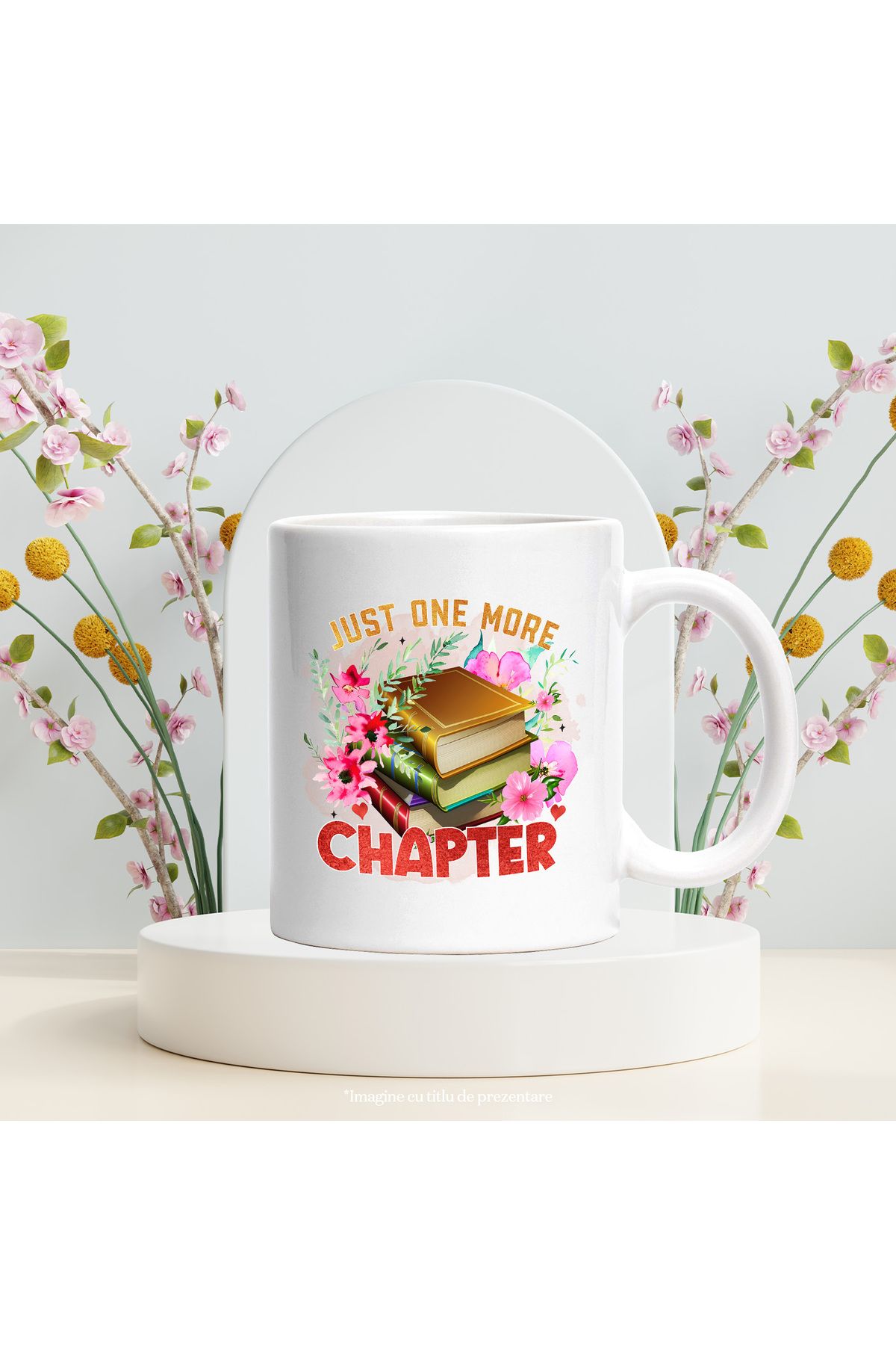 StoryGift Romania-Mug with a stack of books with the message "Just one more chapter", just one more chapter, with a white handle 3