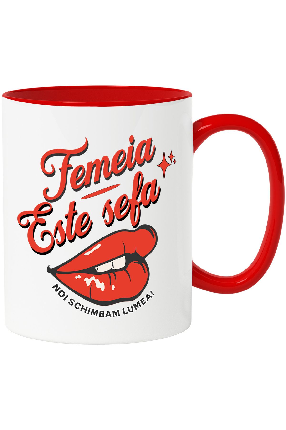 StoryGift Romania Cana Buze De Femeie Text Femeia Este Sefa Noi Conducem Lumea Motivational, 330ml, Cu Maner Rosu - One Size