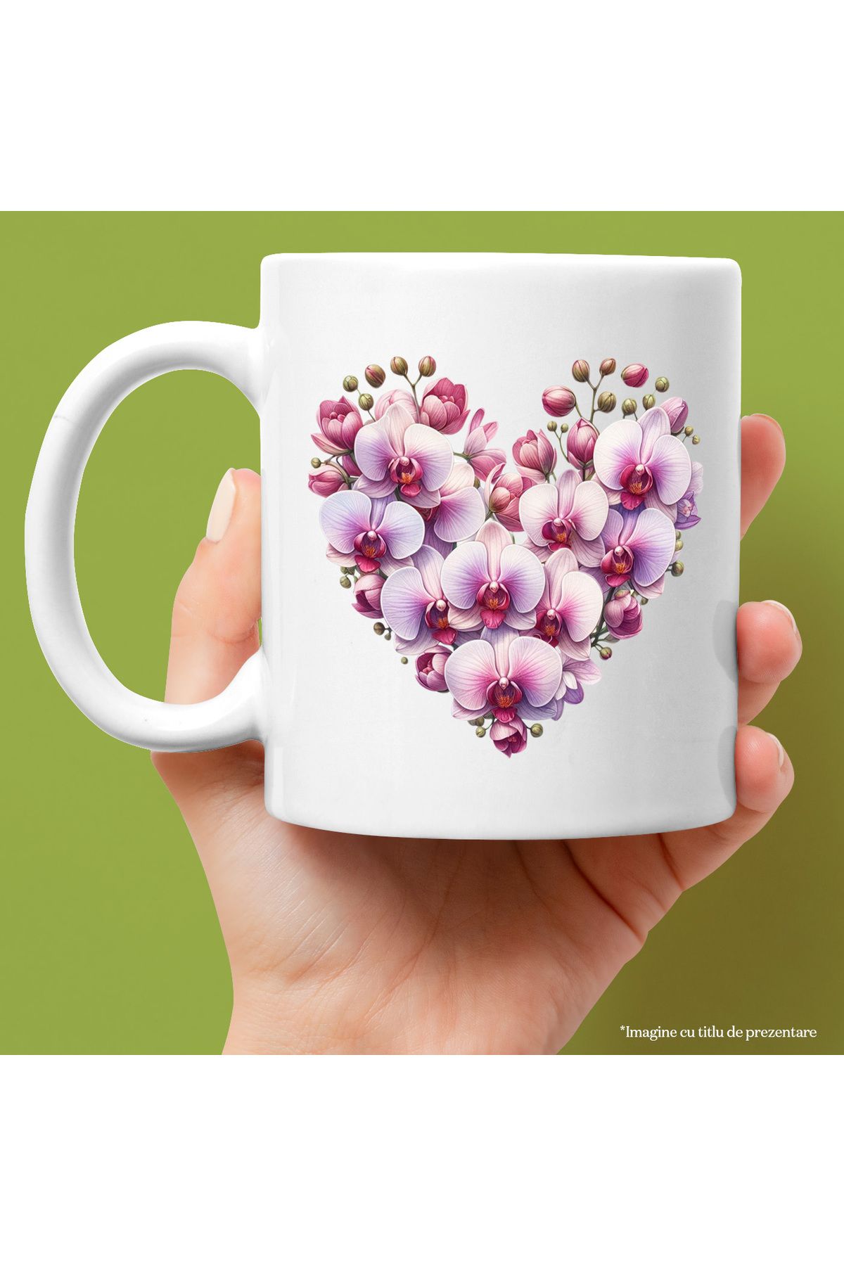 StoryGift Romania Cana Cu O Inima Formata Din Mai Multe Floricele, Roz, Natura, Iubire, Cadou, Val, Cu Maner Alb - One Size