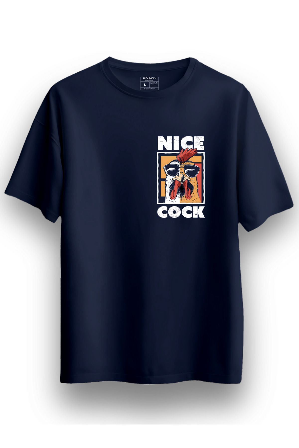 Alex Rosen Unisex Oversize Bisiklet Yaka Nice Cock Baskılı Kısa Kollu Lacivert Tişört