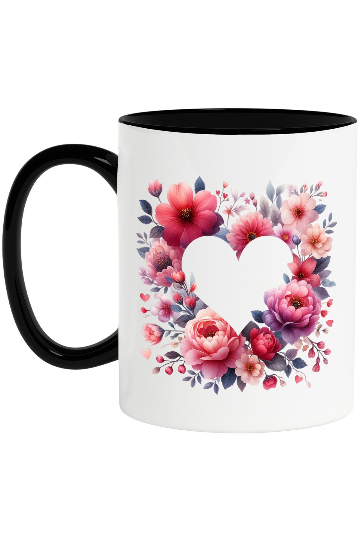 StoryGift Romania Cana Cu Mai Multe Flori Asezate In Forma De Inima, Ilustratie, Roz, Rosii, Plant, Cu Maner Negru - One Size