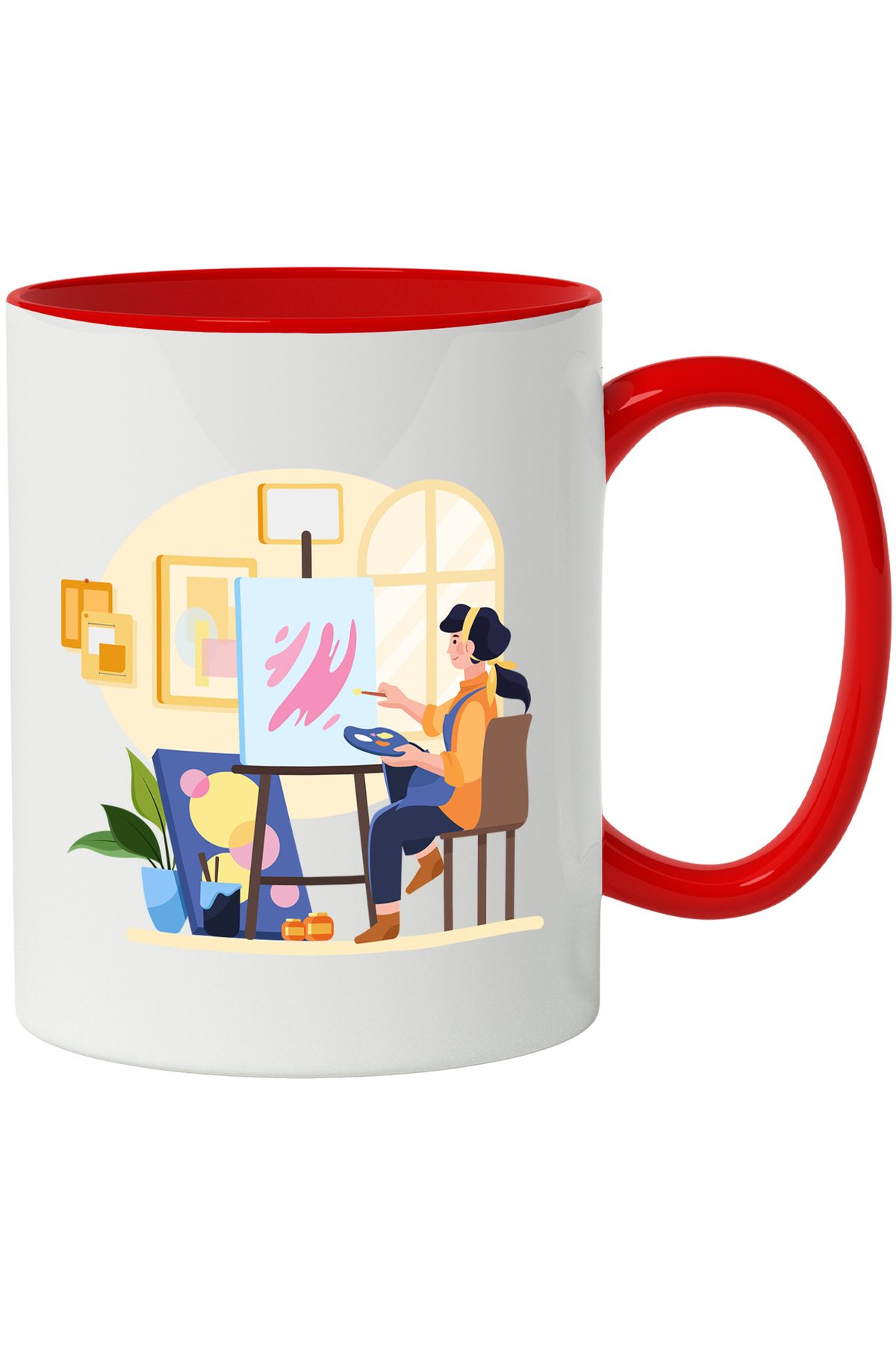 StoryGift Romania Cana Cu Sevalet, Panza, Pictura, Arta, Multicolor 330 Ml, Ceramica Cu Maner Rosu, Cu Maner Rosu - One Size