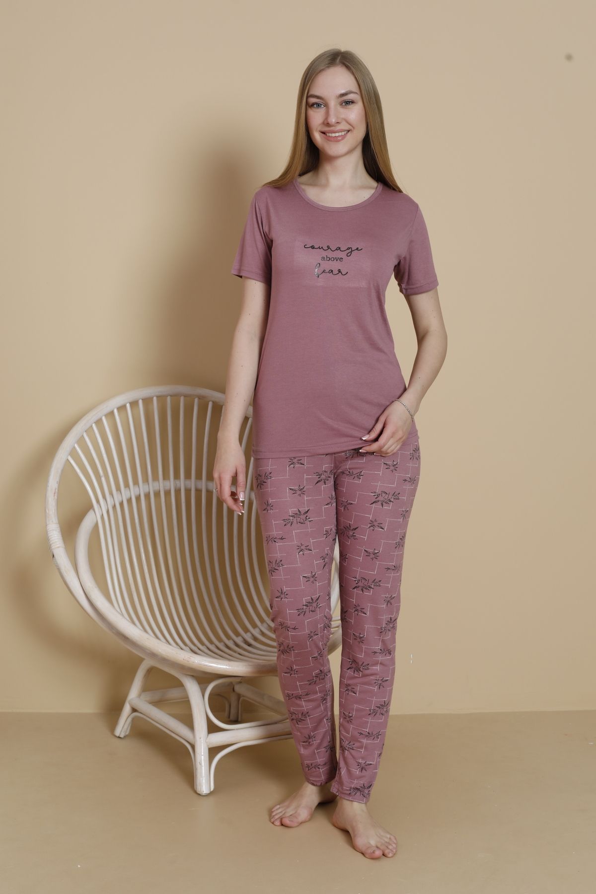 Mira Homewear Önü Baskılı Kısa Kol Kadın Pijama Takımı MR001