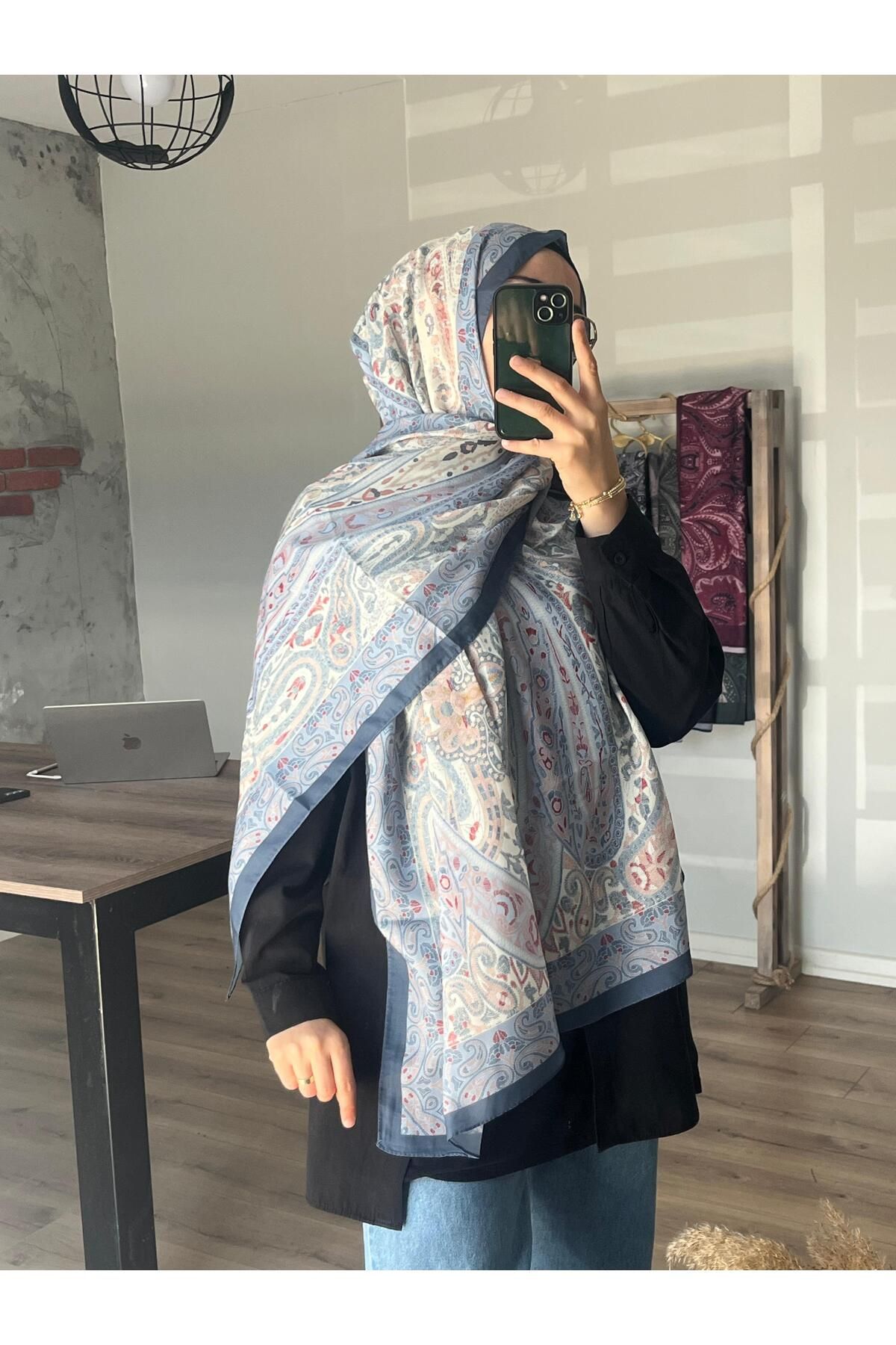 Merwiss Etnik Desen Soft Milano Mavi Şal