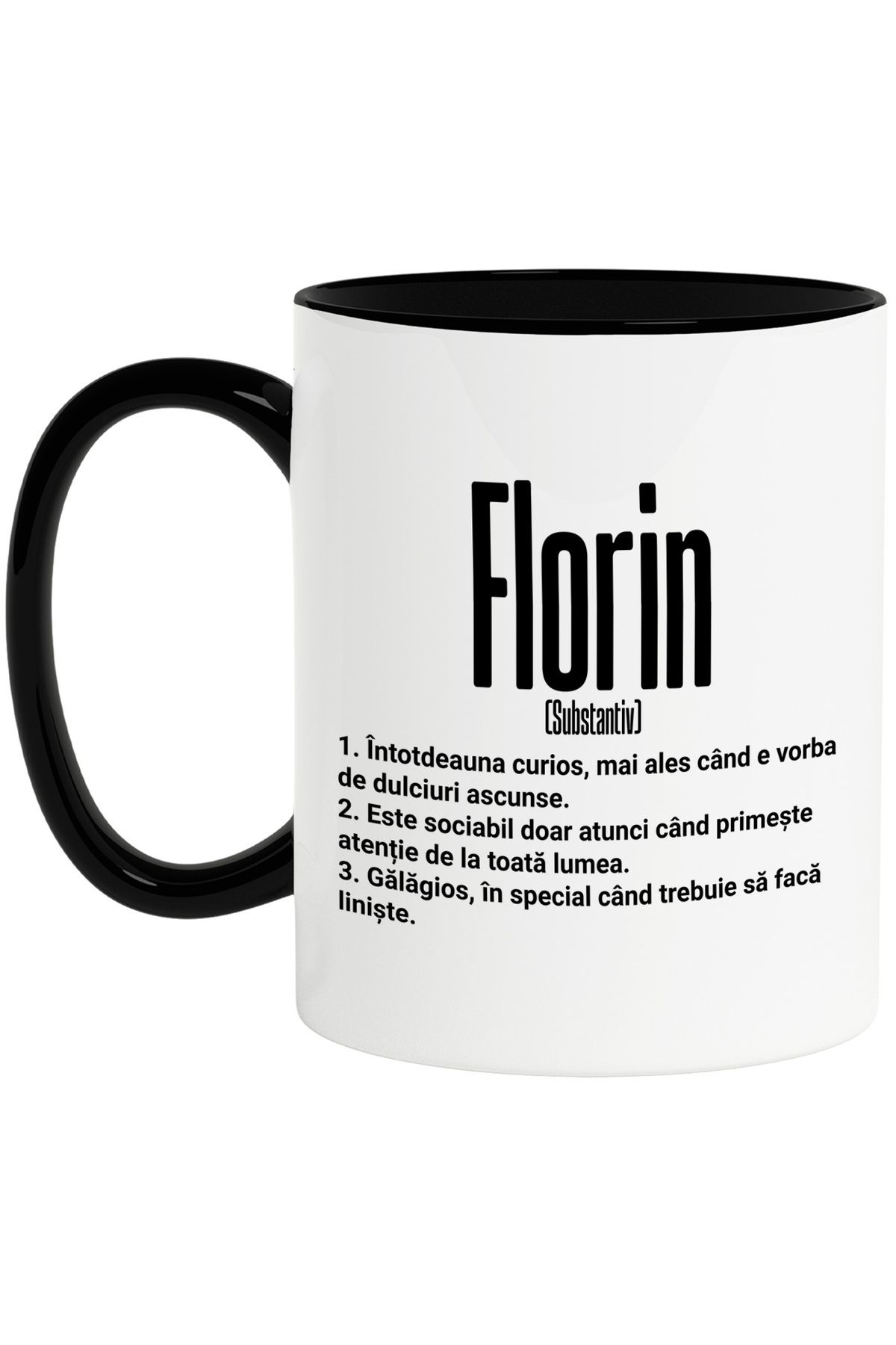 StoryGift Romania-Mug With Name Florin, With Funny Message, Curious, Sociable, Noisy, 330ml, Wax, With Black Handle 1
