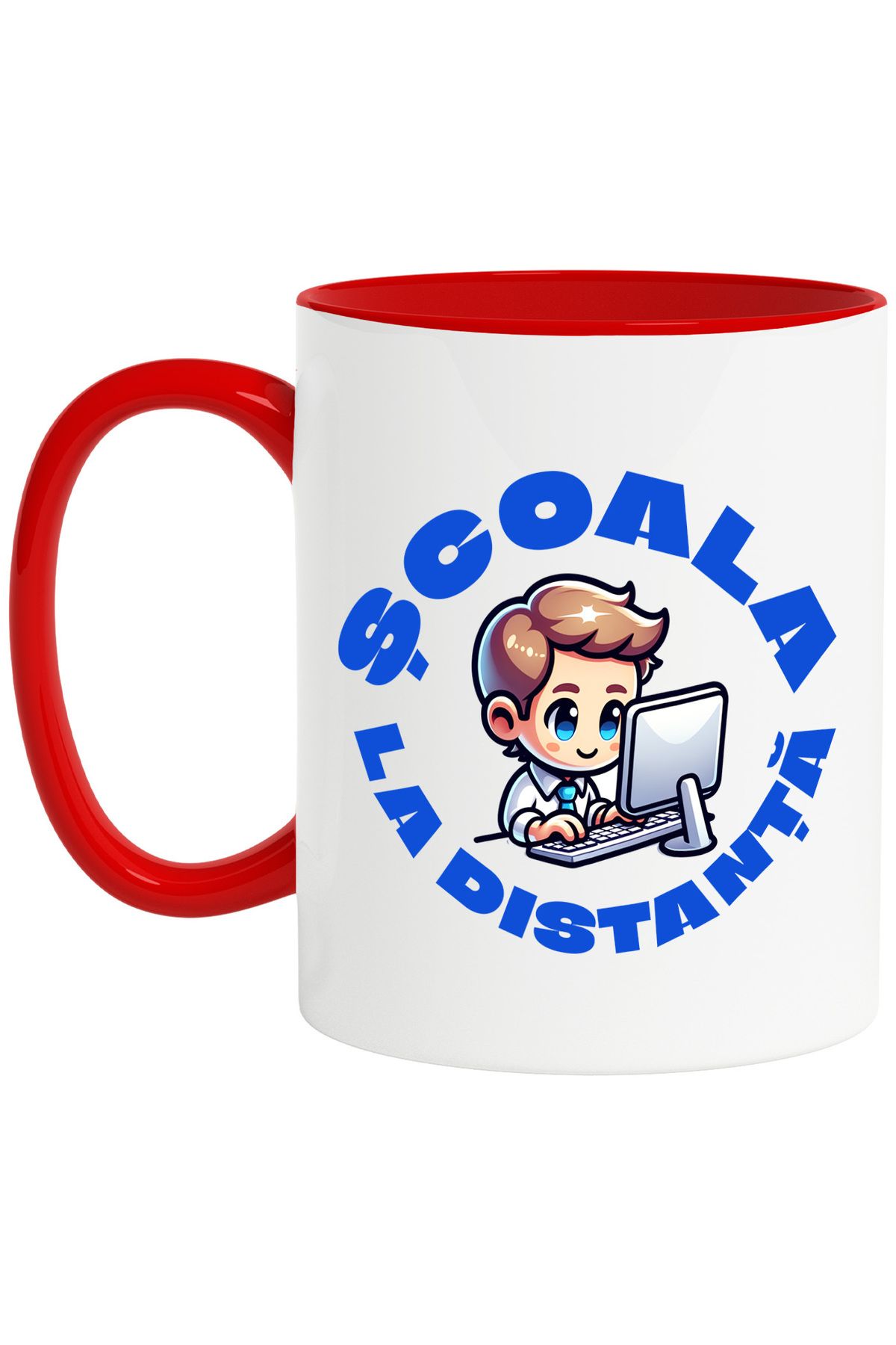 StoryGift Romania Cana Scoala La Distanta Copii Educatie Elev, 330ml, Ceramic Cu Maner Rosu, Cu Maner Rosu - One Size