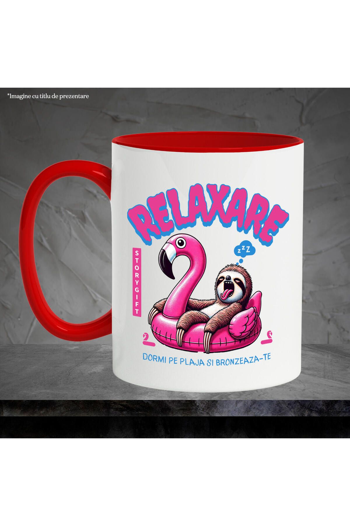 StoryGift Romania-Mug with Lazy Animal on Flamingo Bird Ring, Text Relax Sleep on the Beach I B, With Red Handle 2