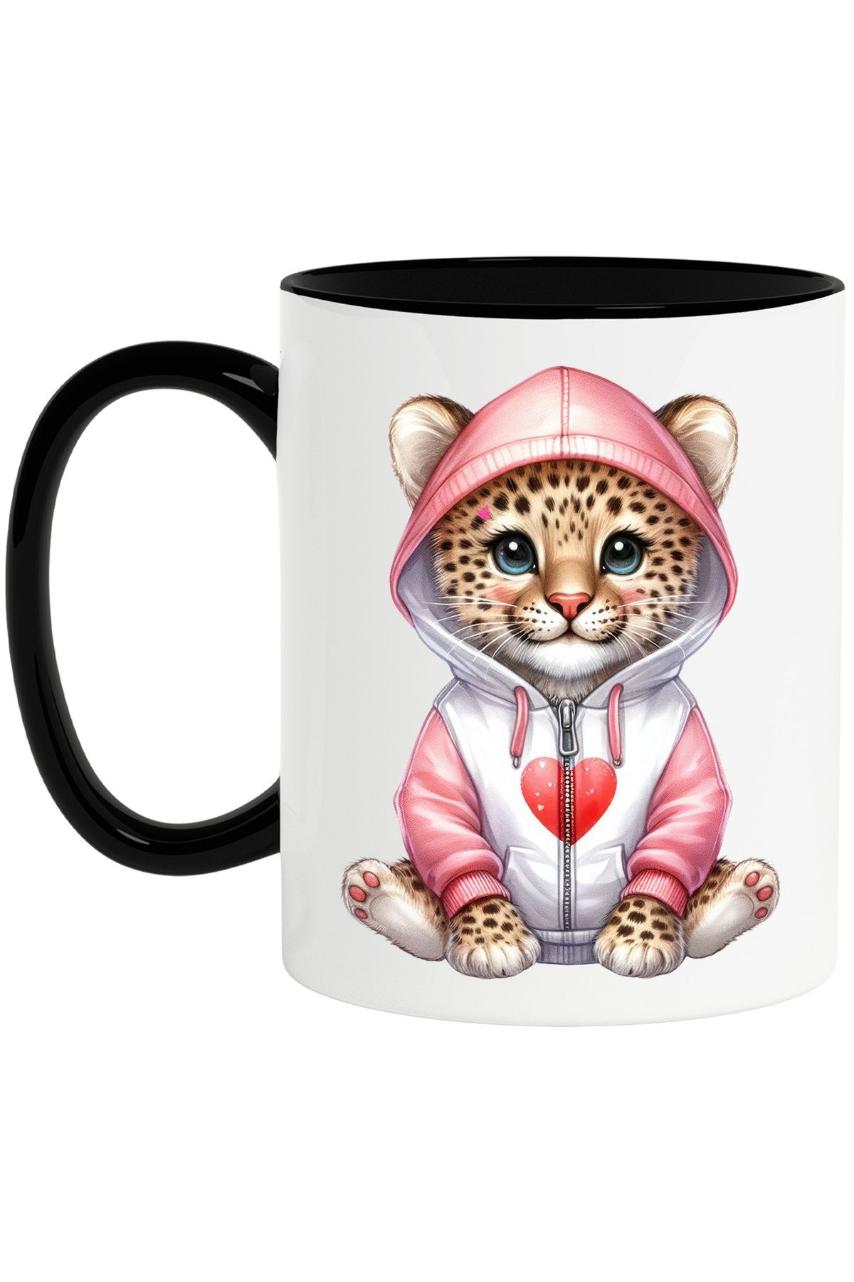 StoryGift Romania Cana Cu Un Tigru Micut In Hanorac, Ilustratie, Inimioara, Afectiune, Jucaus, Ves, Cu Maner Negru - One Size
