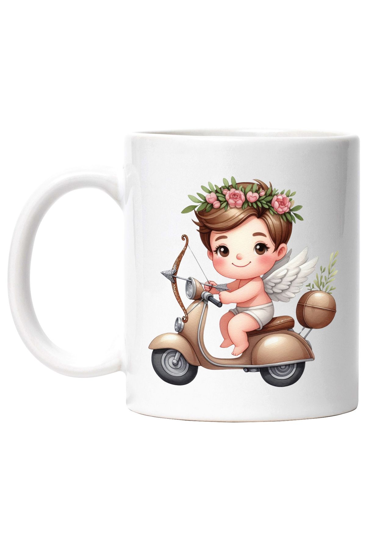 StoryGift Romania Cana Cu Un Bebelus Pe Scuter, Ilustratie, Cupidon, Arc Cu Sageti, Coronita, Arip, Cu Maner Alb - One Size