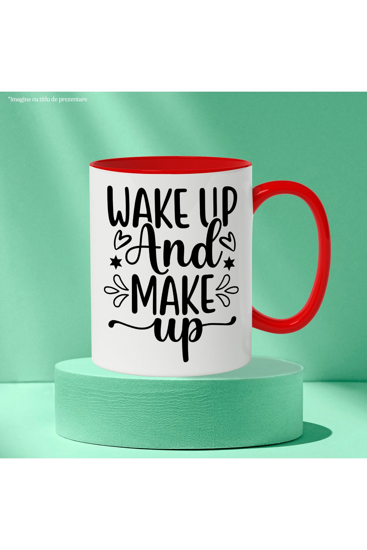 StoryGift Romania-Mug with hearts and a message that urges you to wake up and invent something, With,STG. 3