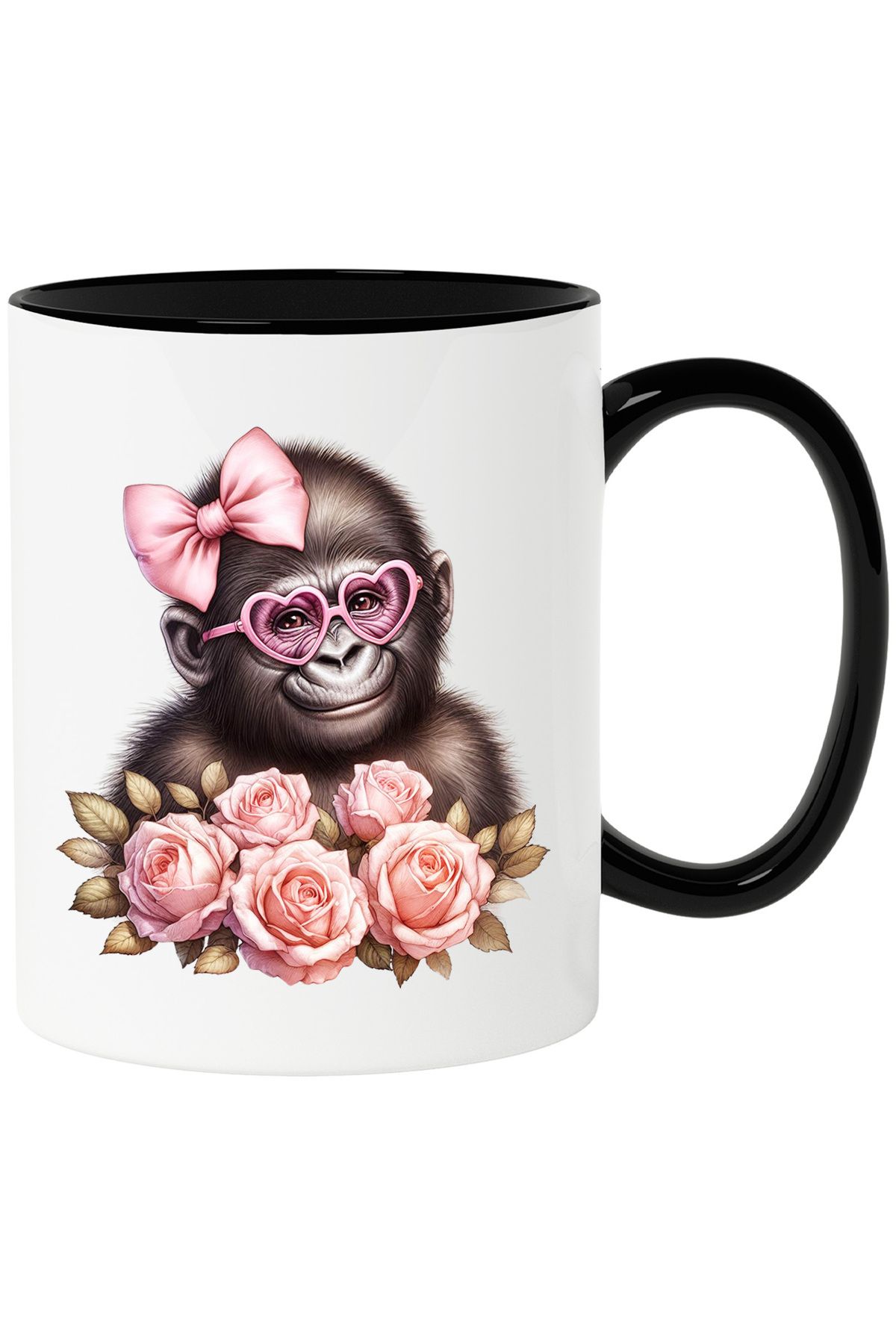 StoryGift Romania Cana Cu O Gorila | Ilustratie | Ochelari In Forma De Inimioare | Vesela | Tranda, Cu Maner Negru - One Size