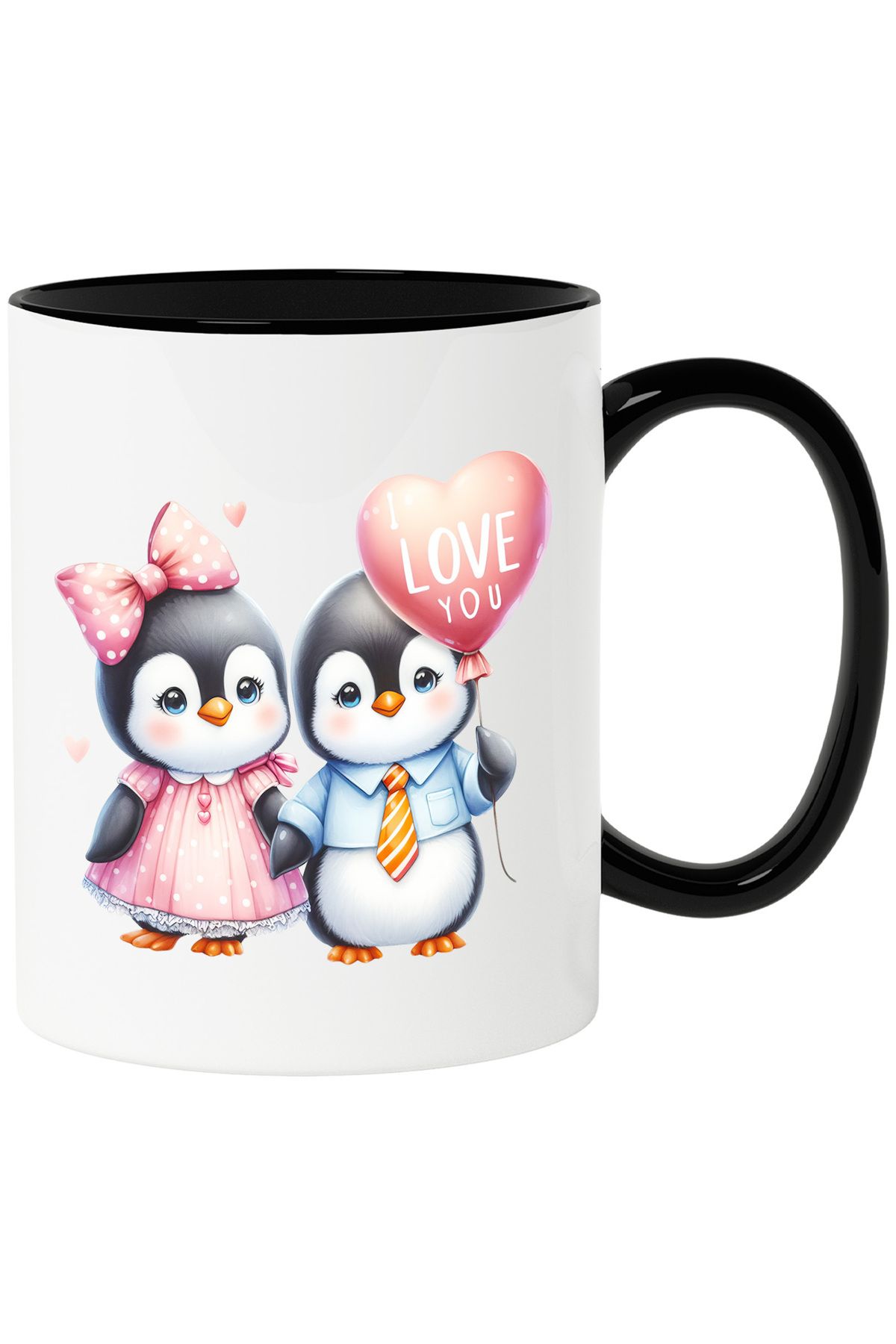 StoryGift Romania Cana Cu 2 Pinguini Veseli | Relatie | Prietenie | Impreuna | Balon Cu Mesajul "i, Cu Maner Negru - One Size