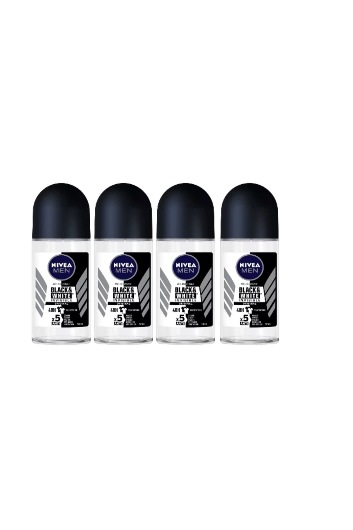 NIVEA Set 4 Deodorante Roll-on Pentru Bărbați 50ml, Black&white Invisible Original, Anti-urme Albe - One Size