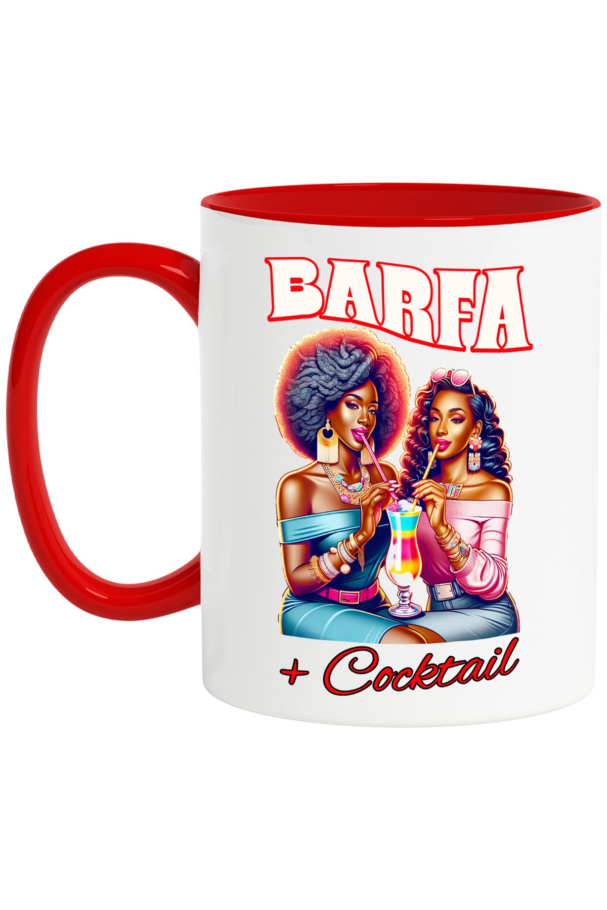 StoryGift Romania Cana Prietene La Intalnire Text Barfa Si Cocktail Femei , 330ml, Ceramic Cu Mane, Cu Maner Rosu - One Size