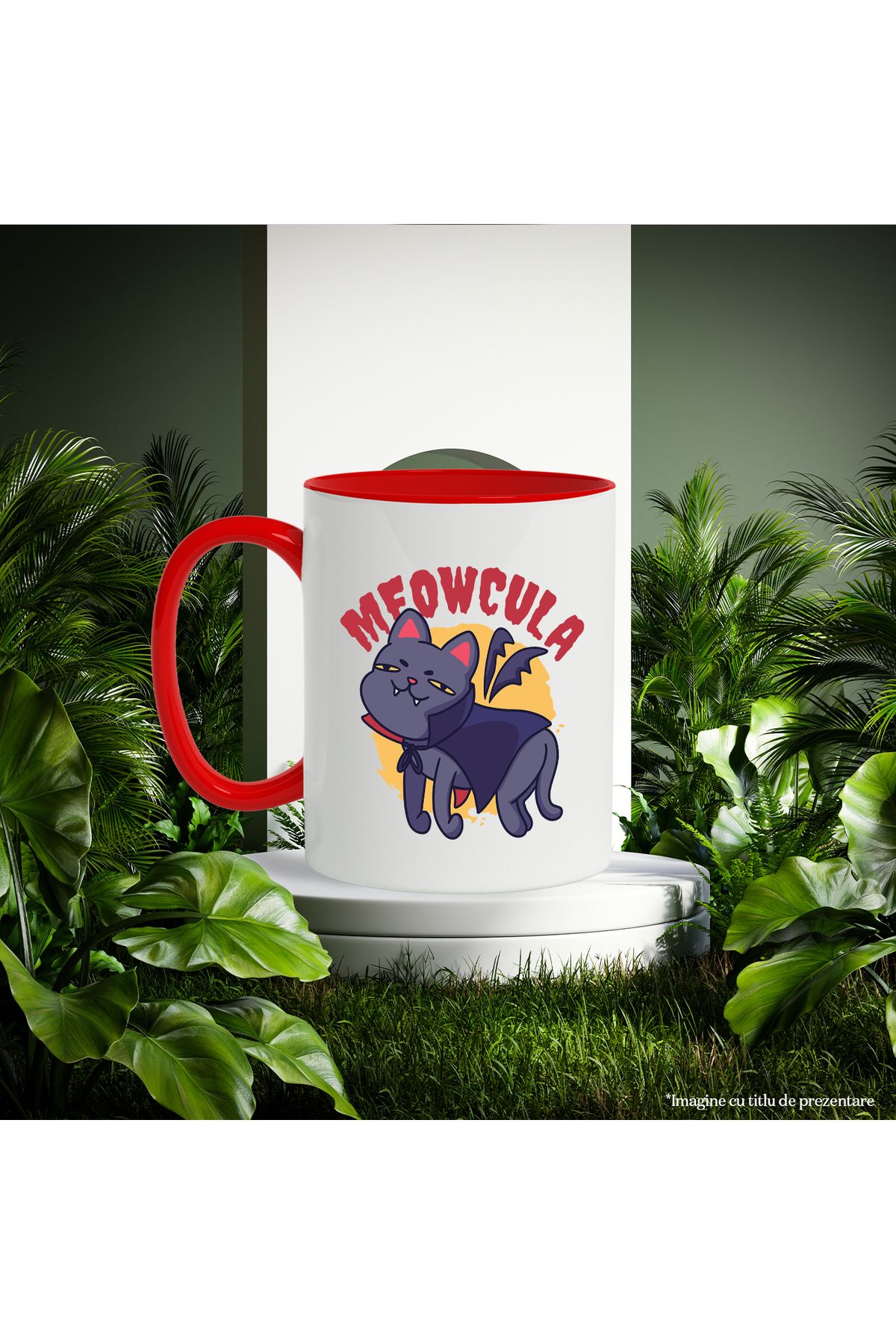 StoryGift Romania-Meowcula Message Mug, Vampire, Cat, Fangs, Wings, Bat, Multicolor 330 ml,, With Red Handle 2