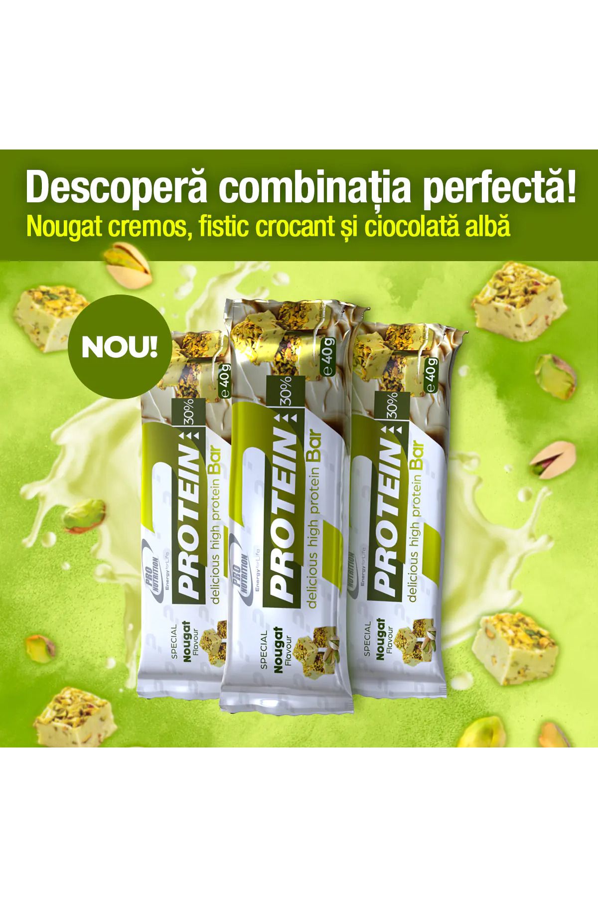 Pro Nutrition Batoane Proteice, Protein Bar 40g Nougat-fistic - One Size
