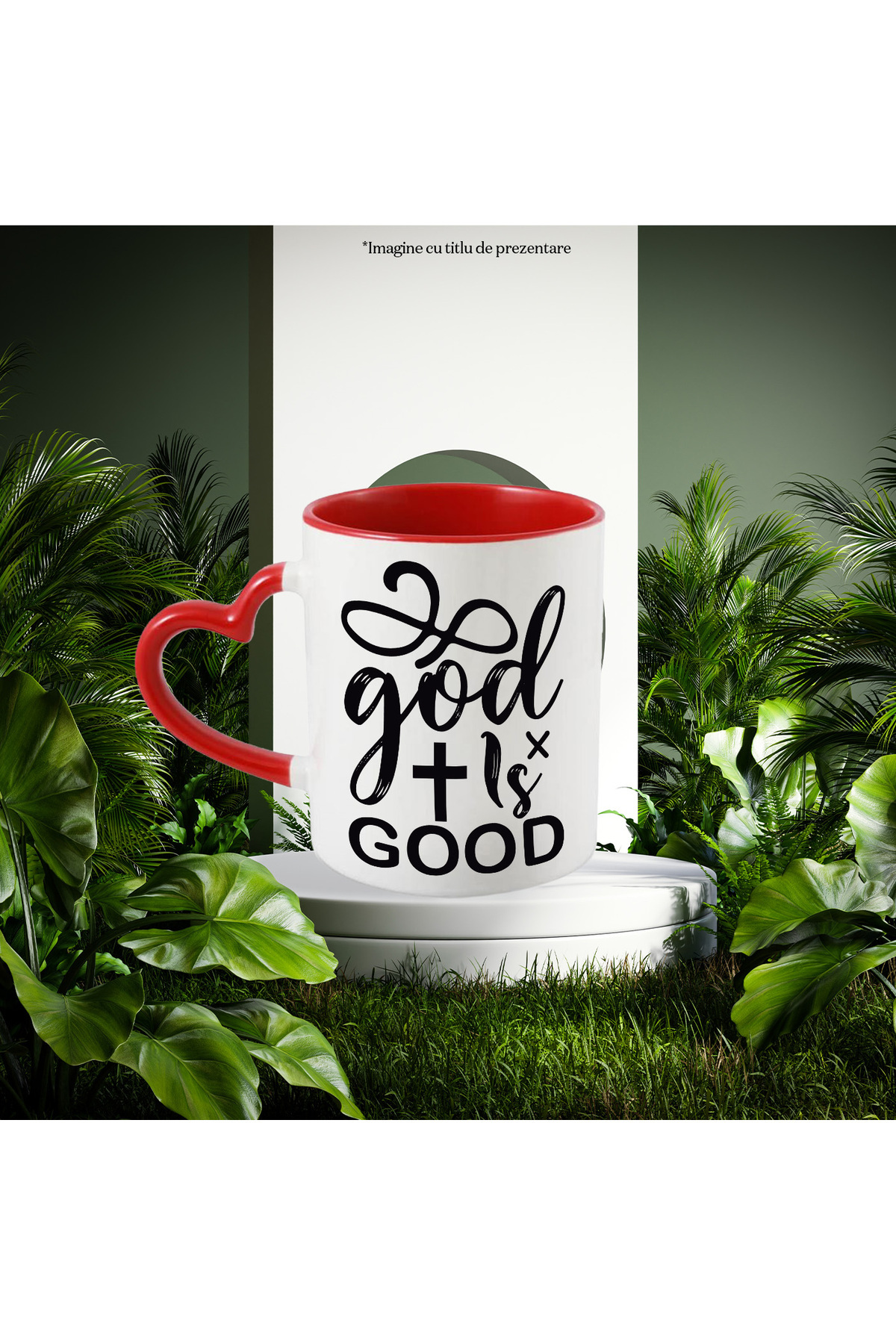 StoryGift Romania-Mug with the text in English "God is good" - Dumnezeu e bun with Red Heart Handle, With Handle, STG 2
