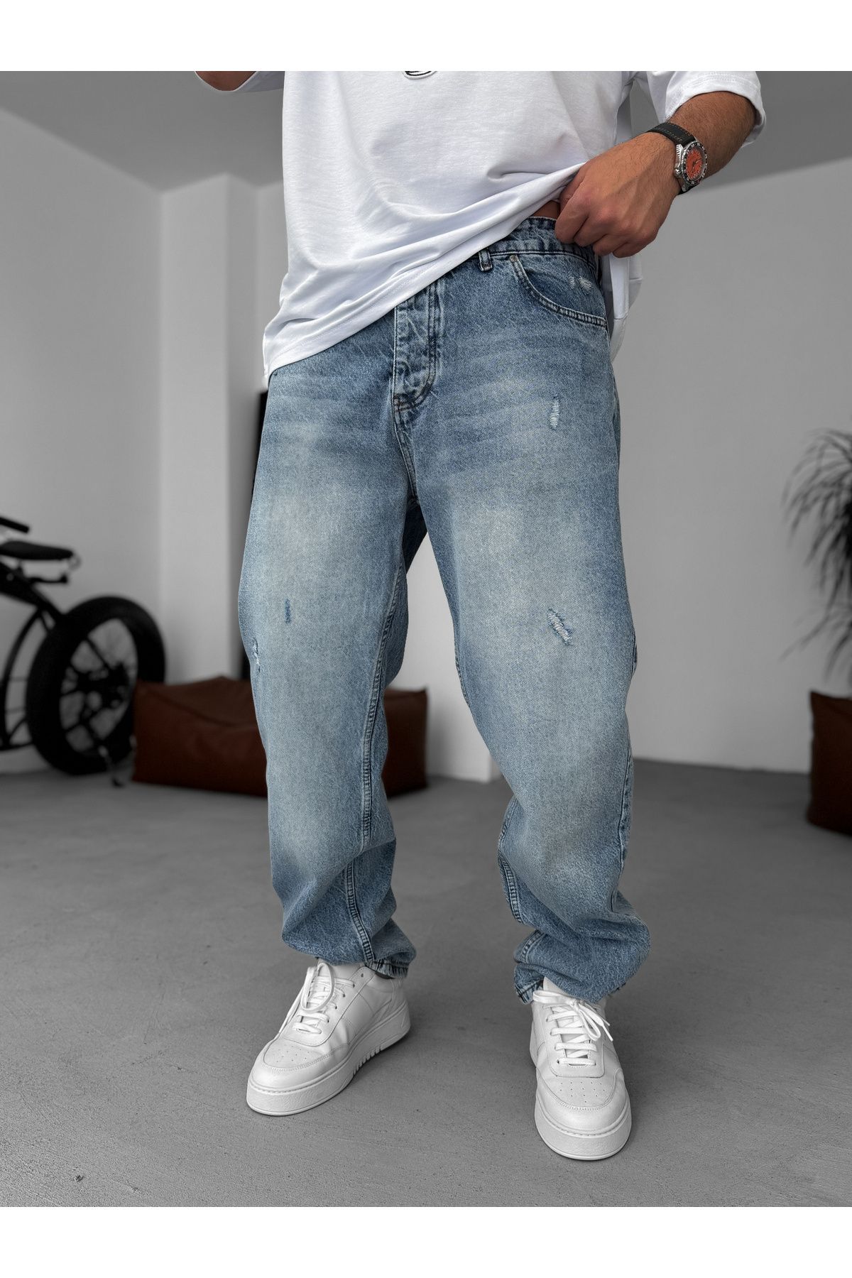 BYBASICMAN Açık Mavi Çizik Yırtıklı Baggy Jean KE-275