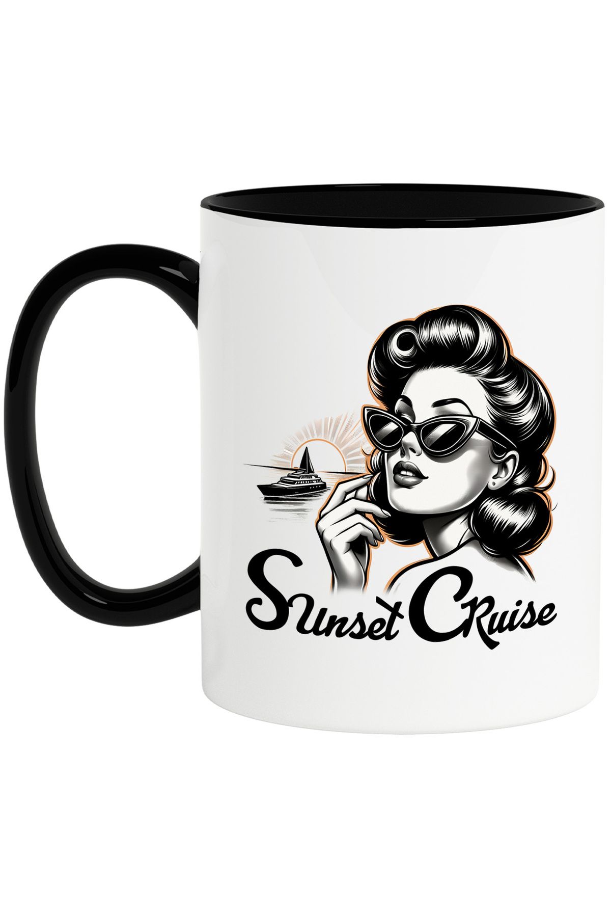 StoryGift Romania Cana Cu Mesajul "sunset Cruise", Ilustratie, Stil Retro, Vechi, De Moda Veche, A, Cu Maner Negru - One Size
