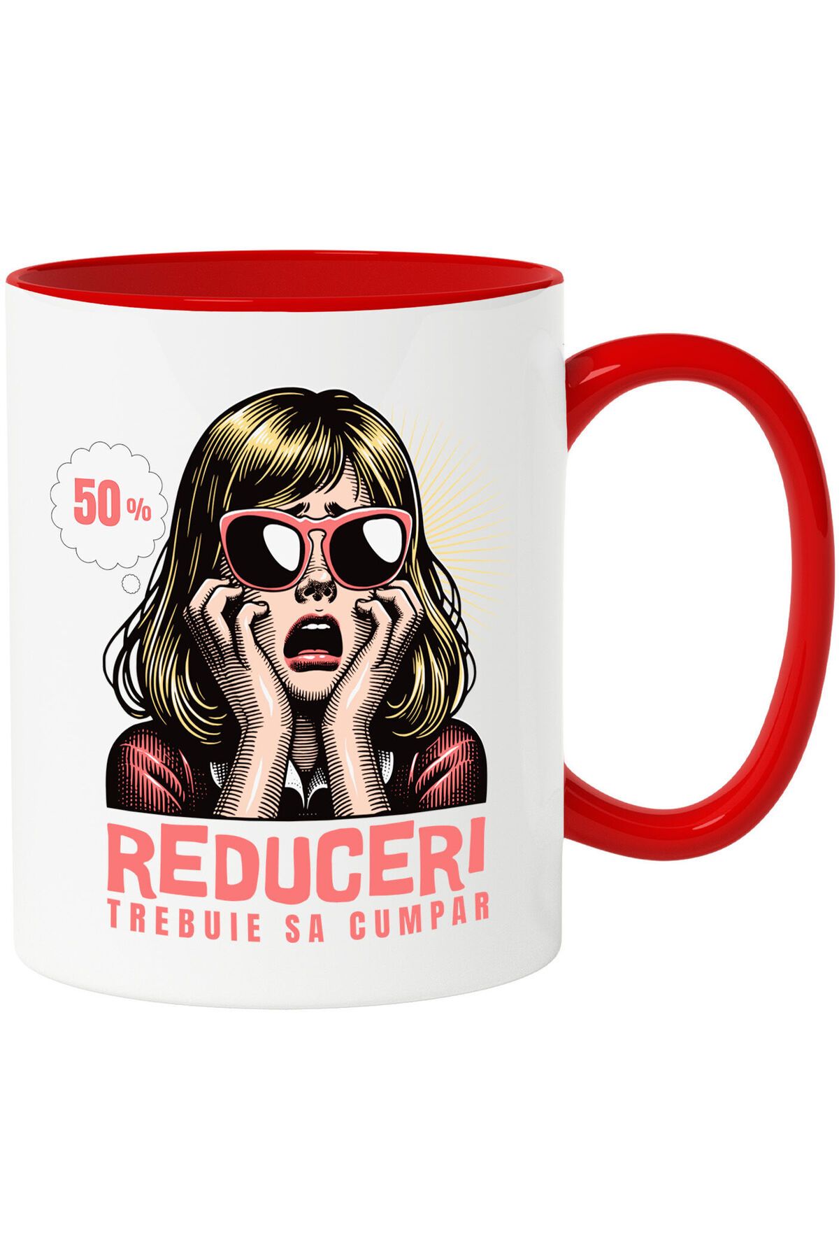 StoryGift Romania Cana Cu Fata Disperata Blonda Stil Retro Cu Ochelari De Soare Text Reduceri Treb, Cu Maner Rosu - One Size
