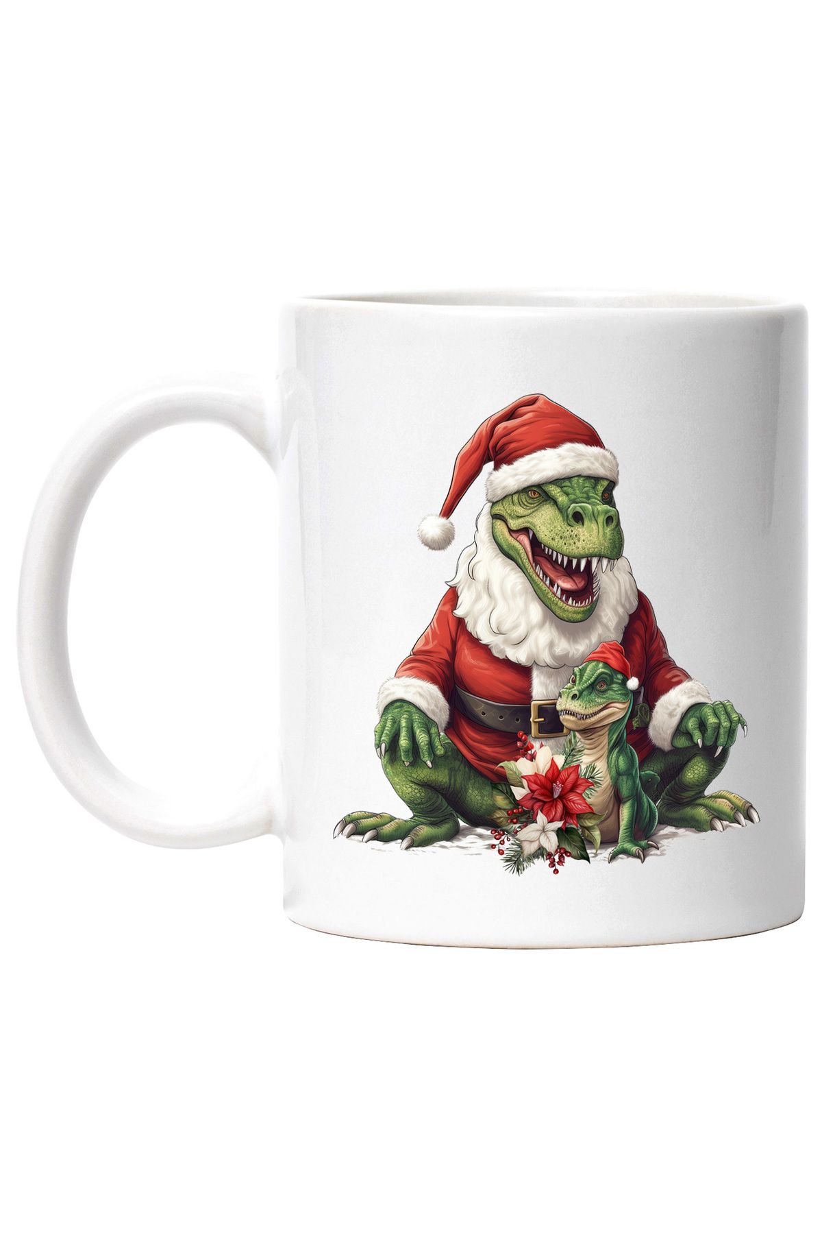 StoryGift Romania Cana Cu Un Dinozaur Verde Costumat In Mos Craciun | Ilustratie | Deghizare | Din, Cu Maner Alb - One Size