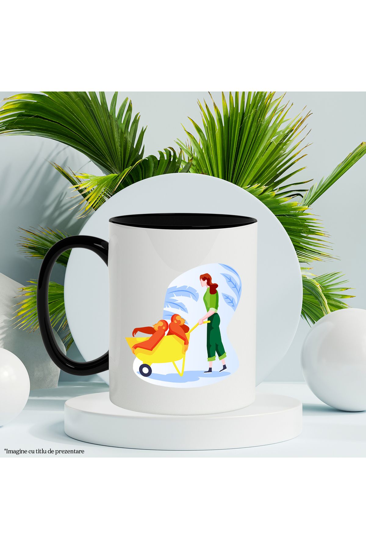 StoryGift Romania-Mug With Caretaker, Monkeys, Wheelbarrow, Multicolor 330 ml, Ceramic with Black Handle, With Black Handle 2