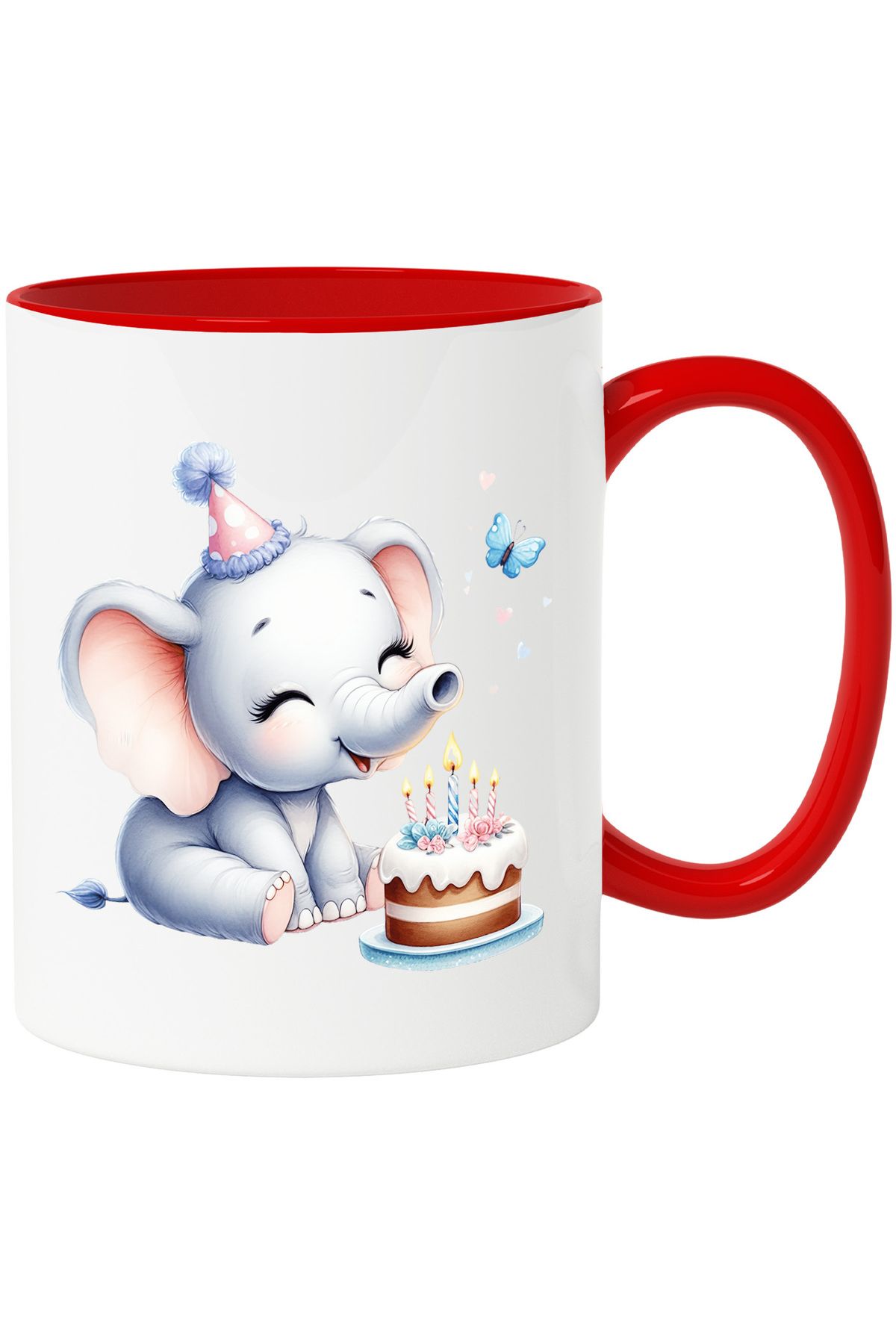 StoryGift Romania Cana Cu O Femela Elefant | Ilustratie | Sufla In Lumanari | Tort | Inimioare | F, Cu Maner Rosu - One Size