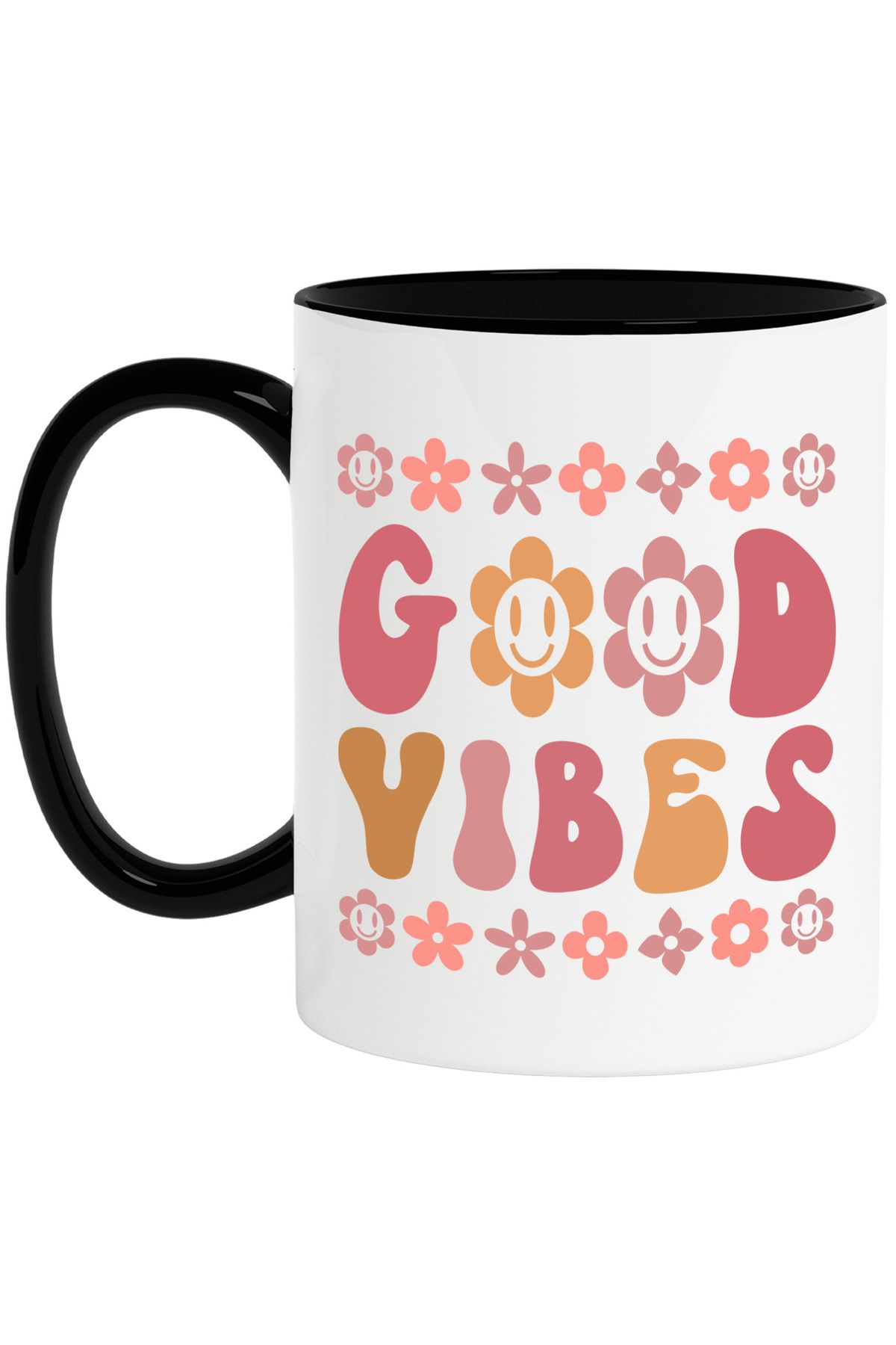 StoryGift Romania Cana Cu Floricele Colorate Si Mesajul In Limba Engleza "good Vibes" Cu Maner Neg, Cu Maner Negru - One Size