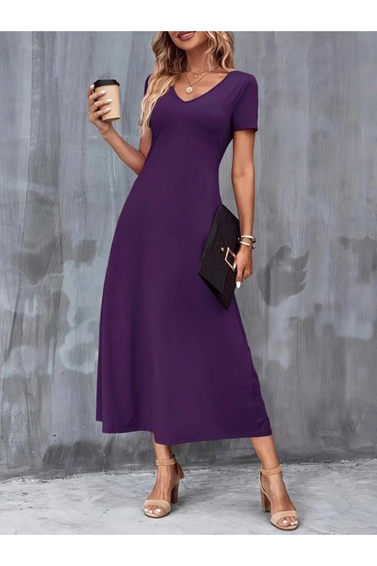 velmorafashion Kadın Kısa Kollu V Yakalı Cepli Viskon Elbise