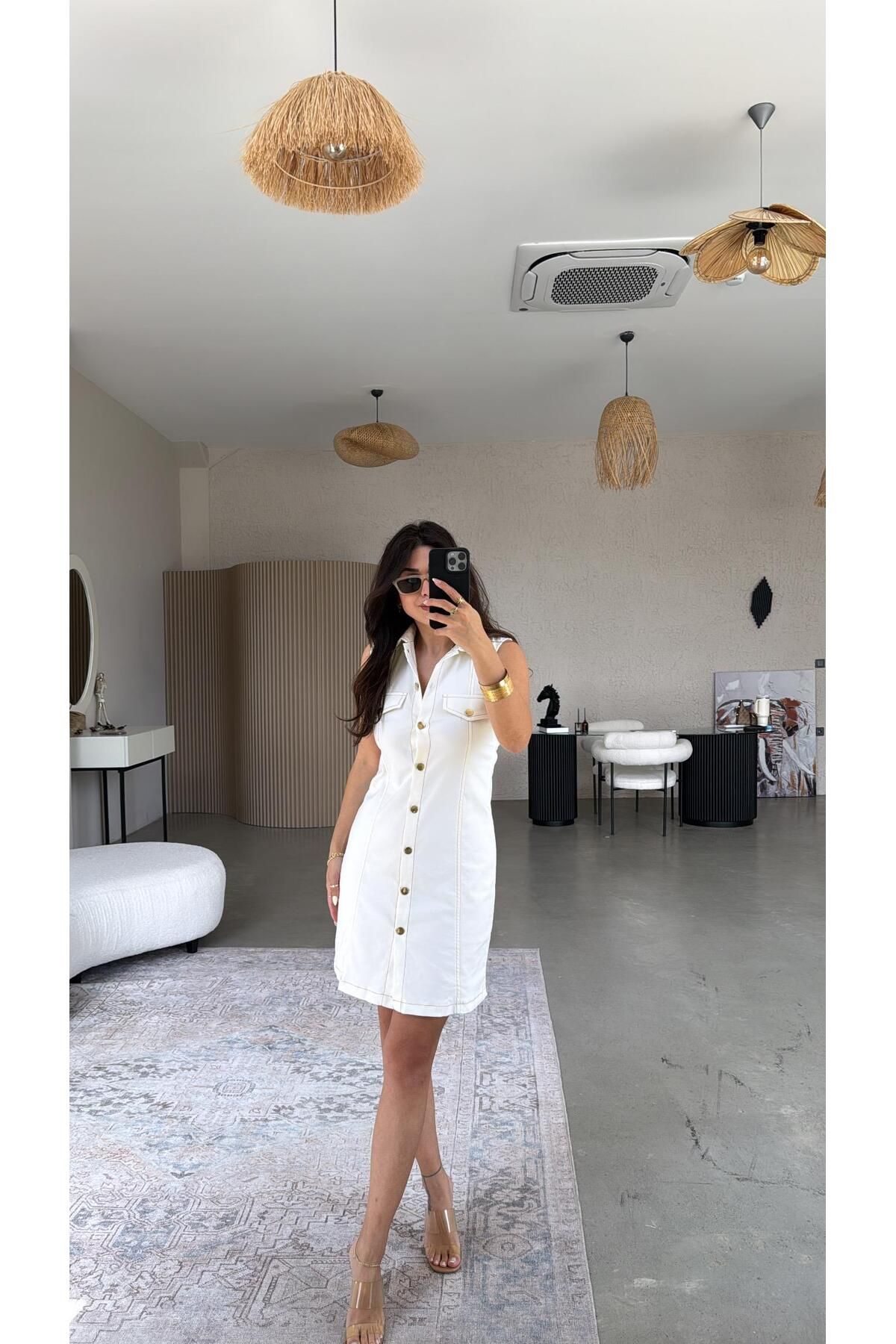 Buket Teke Ebru Düğmeli Likralı Yakalı Denim Elbise