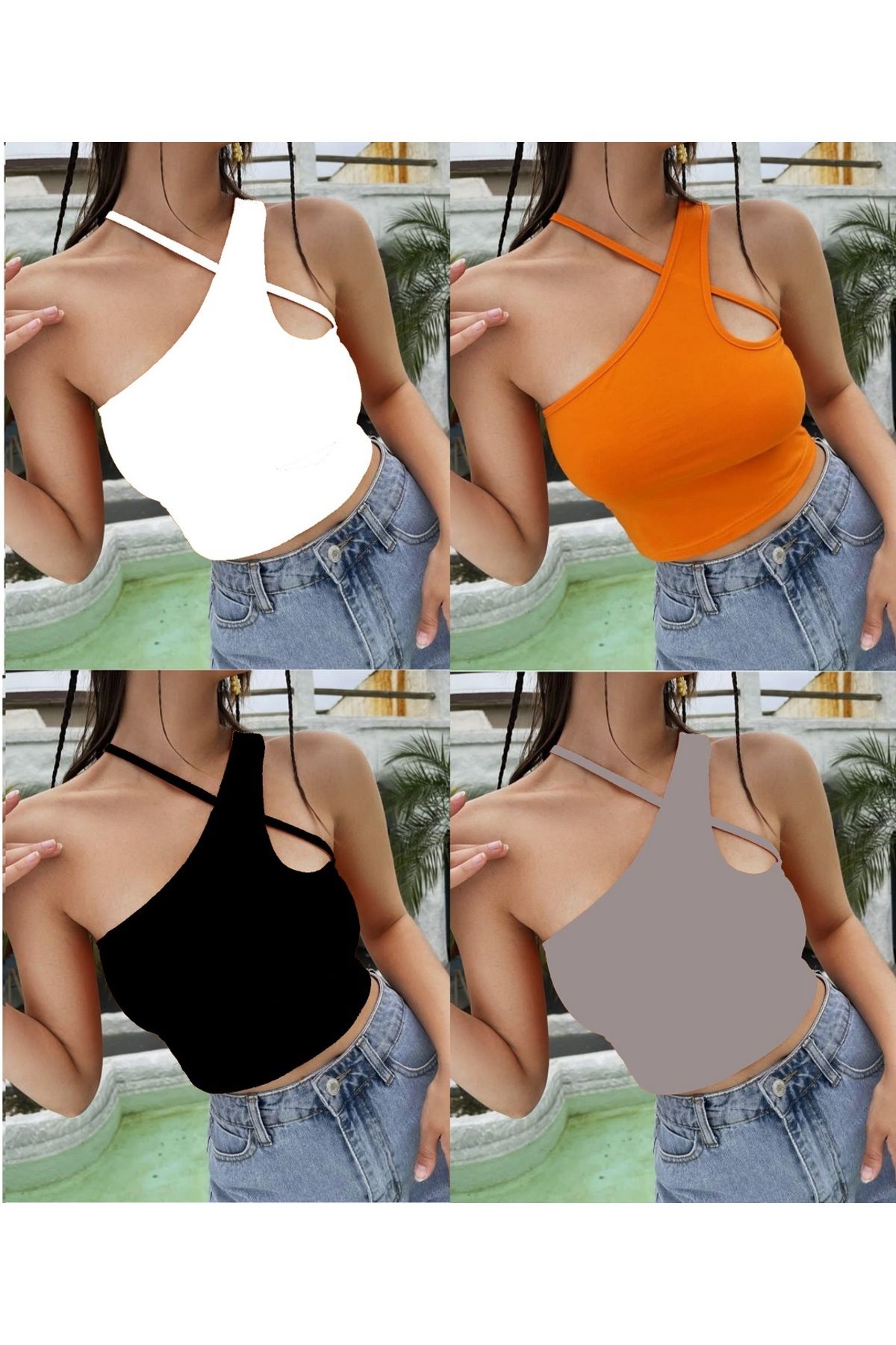 DEVRİMAY TEKSTİL Kadın 4'lü Adet Siyah, Beyaz, Vizoni Turuncu Crop T-SHİRT