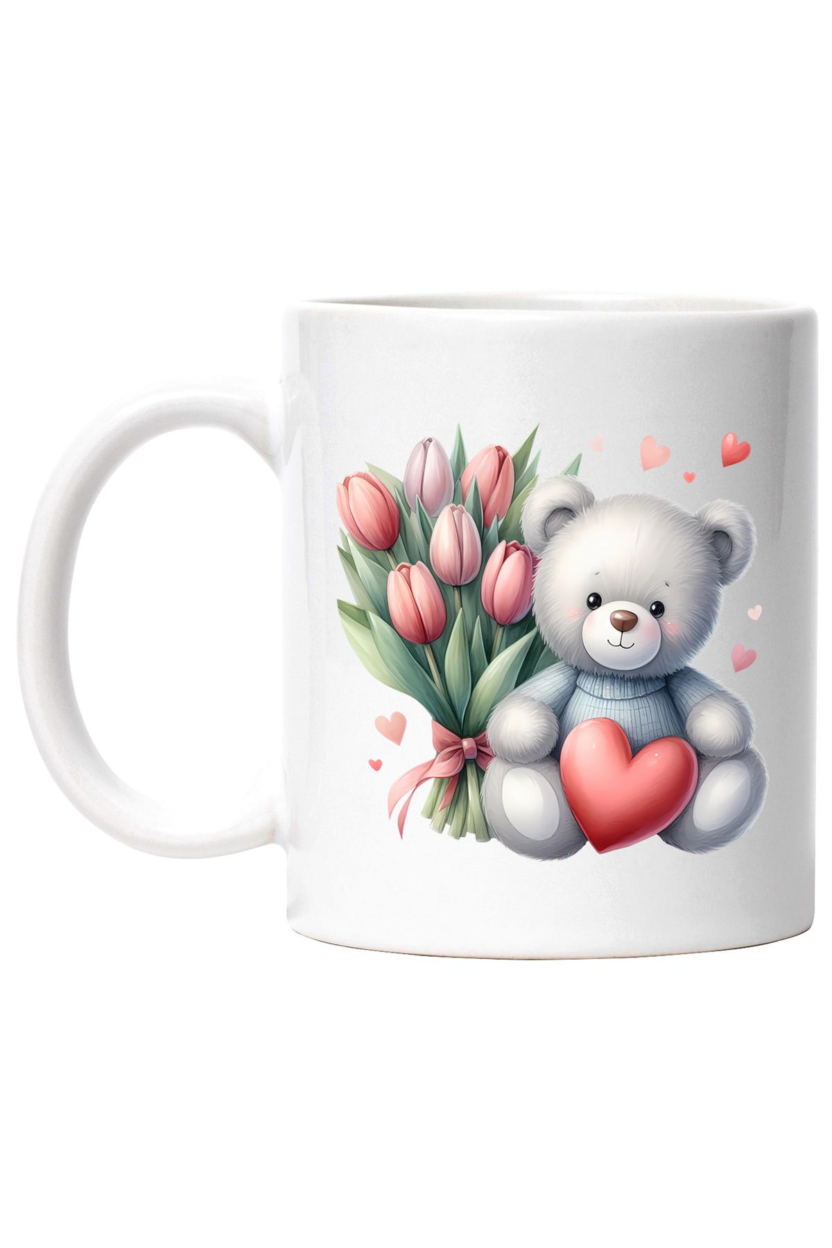 StoryGift Romania-Mug with a teddy bear, illustration, red tulips, hearts, affection, gift, With ,STG 4