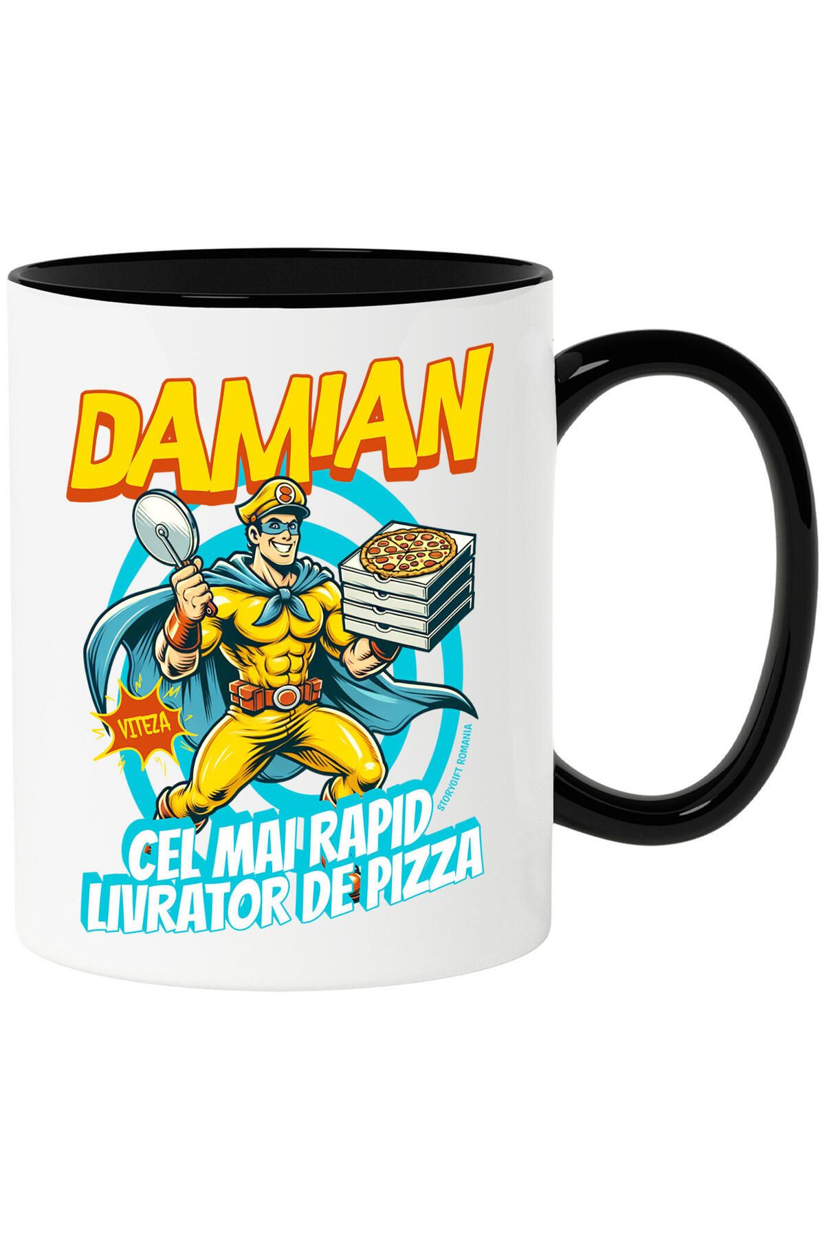 StoryGift Romania Cana Cu Cuper Erou Barbat Cu Pelerina Cutii De Pizza Text Damian Cel Mai Rapid L, Cu Maner Negru - One Size