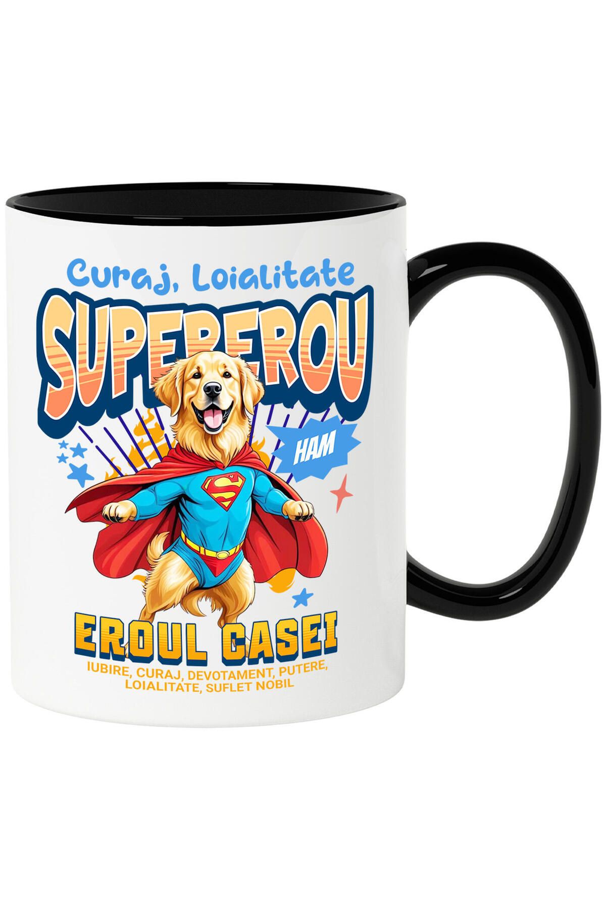 StoryGift Romania Cana Cu Golden Retriever Caine In Costum De Superman Cu Pelerina, Erou Nocturn, , Cu Maner Negru - One Size