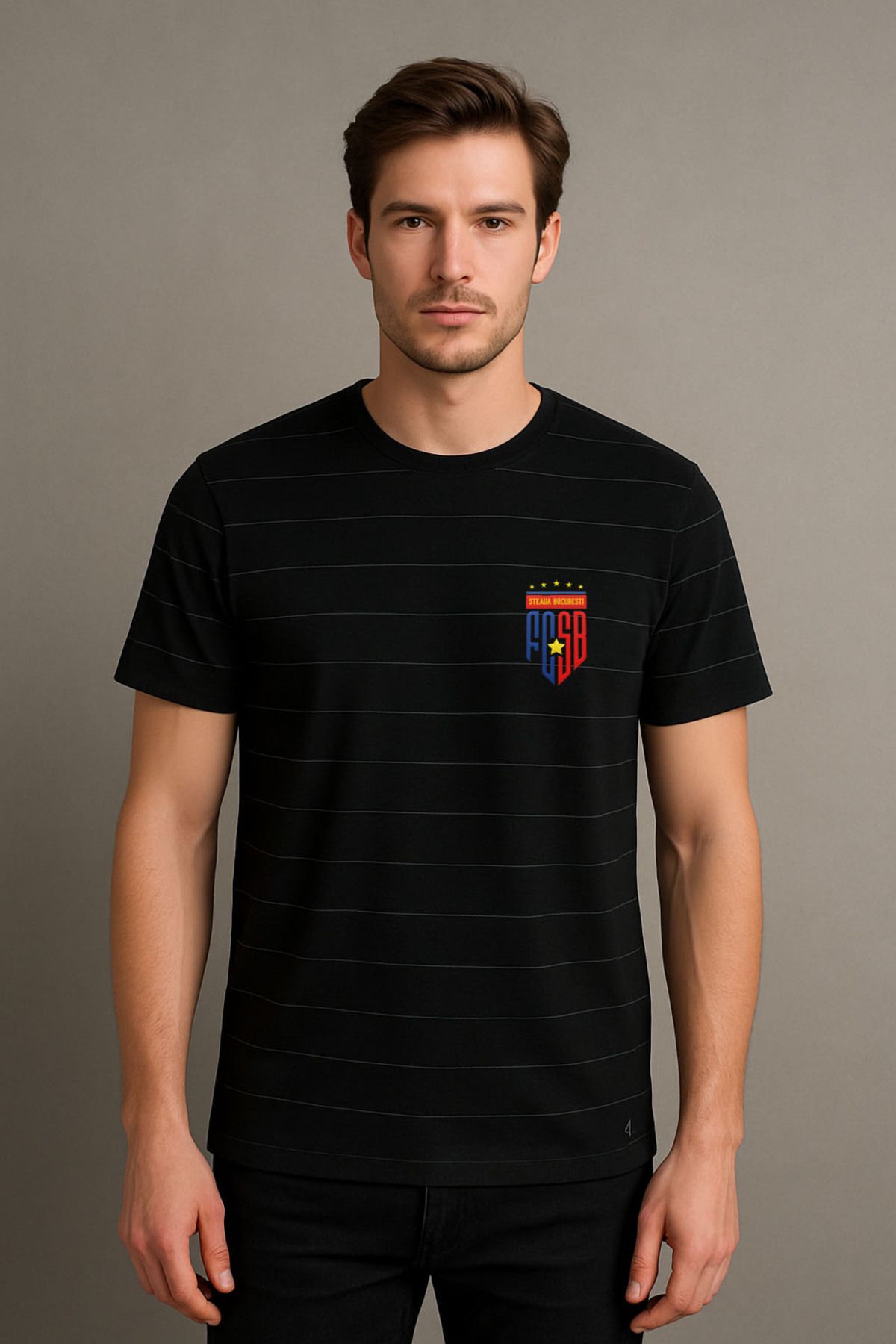 sielta Romanya Fcsb Echipa De Fotbal Baskılı Çizgili Bisiklet Yaka Unisex Siyah Tişört T-shirt