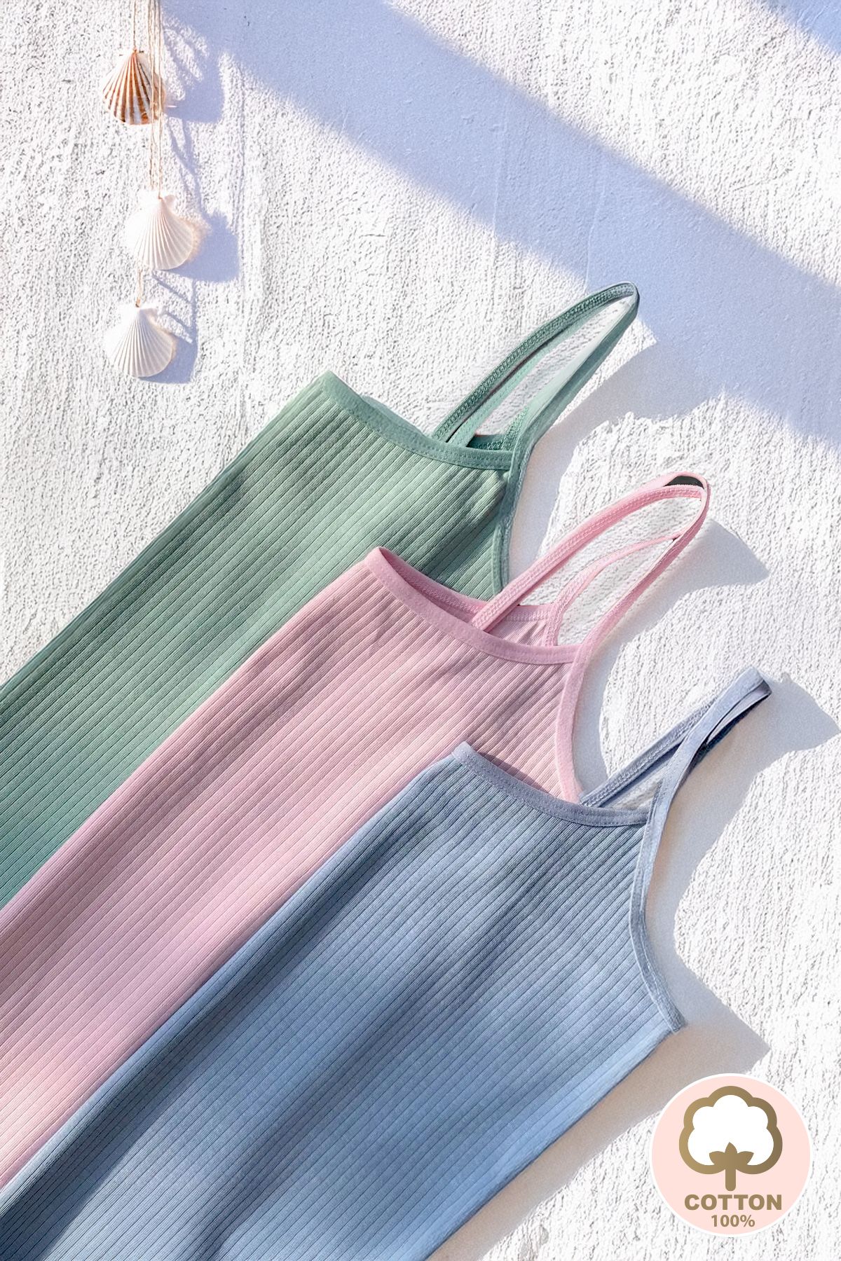 Tequeen Kadın 3'lü Paket ince Askılı Body Fitilli Görünüm Likralı Pamuklu Atlet Set Mint Pembe Mavi