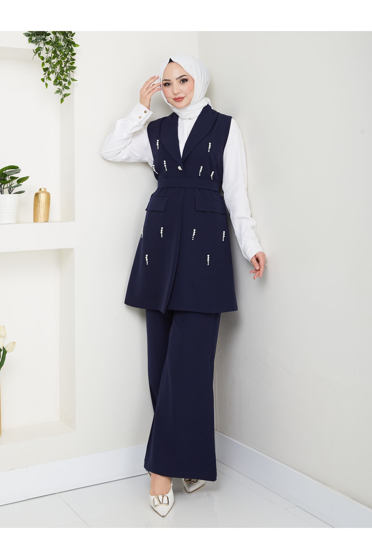 EFSUN MODA İNCİ TAŞLİ YELEK PANTOLON İKİLİ TAKIM 25088