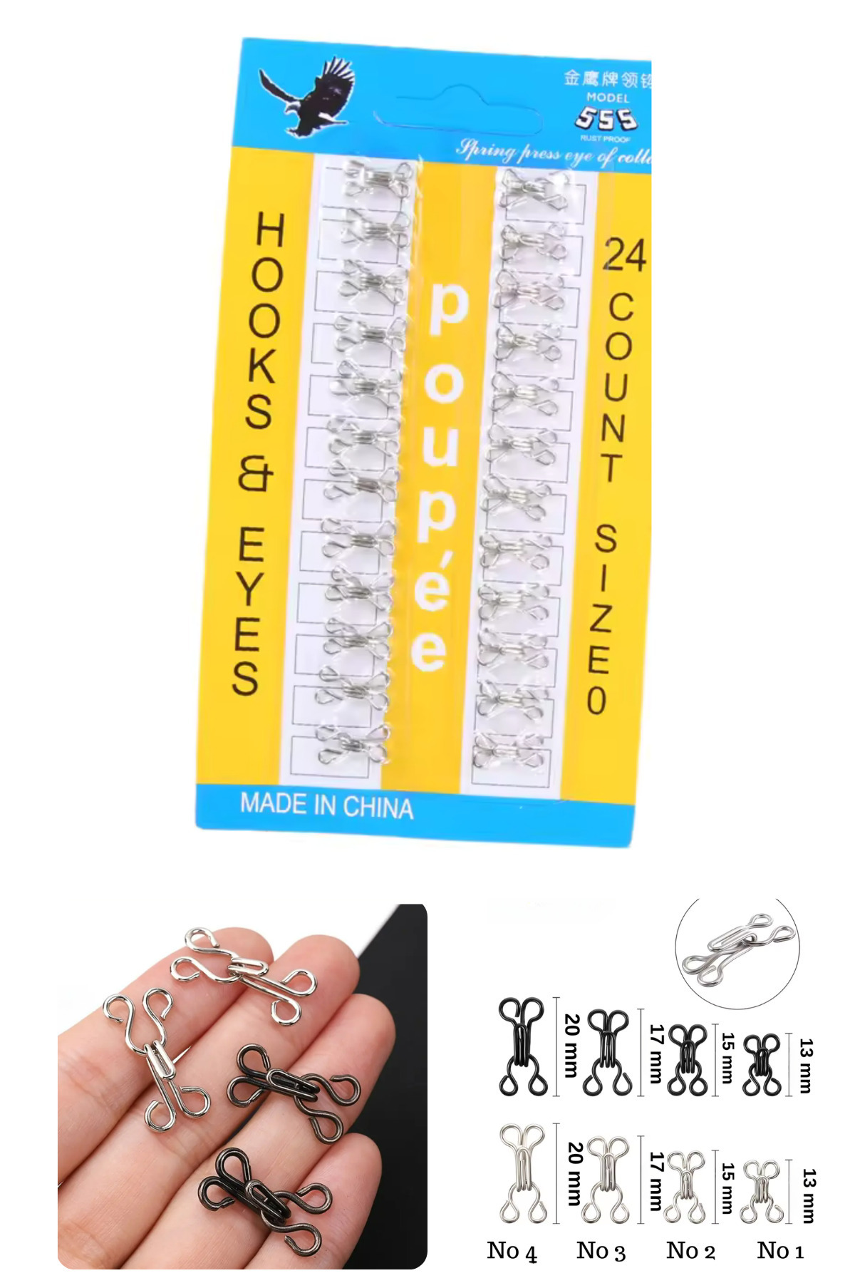 Kardelux Metal Agraf Kanca Kopça ve Göz Kapatma Seti- Gümüş Renk 24 Çift No:0 (13mm uzunluğuk)